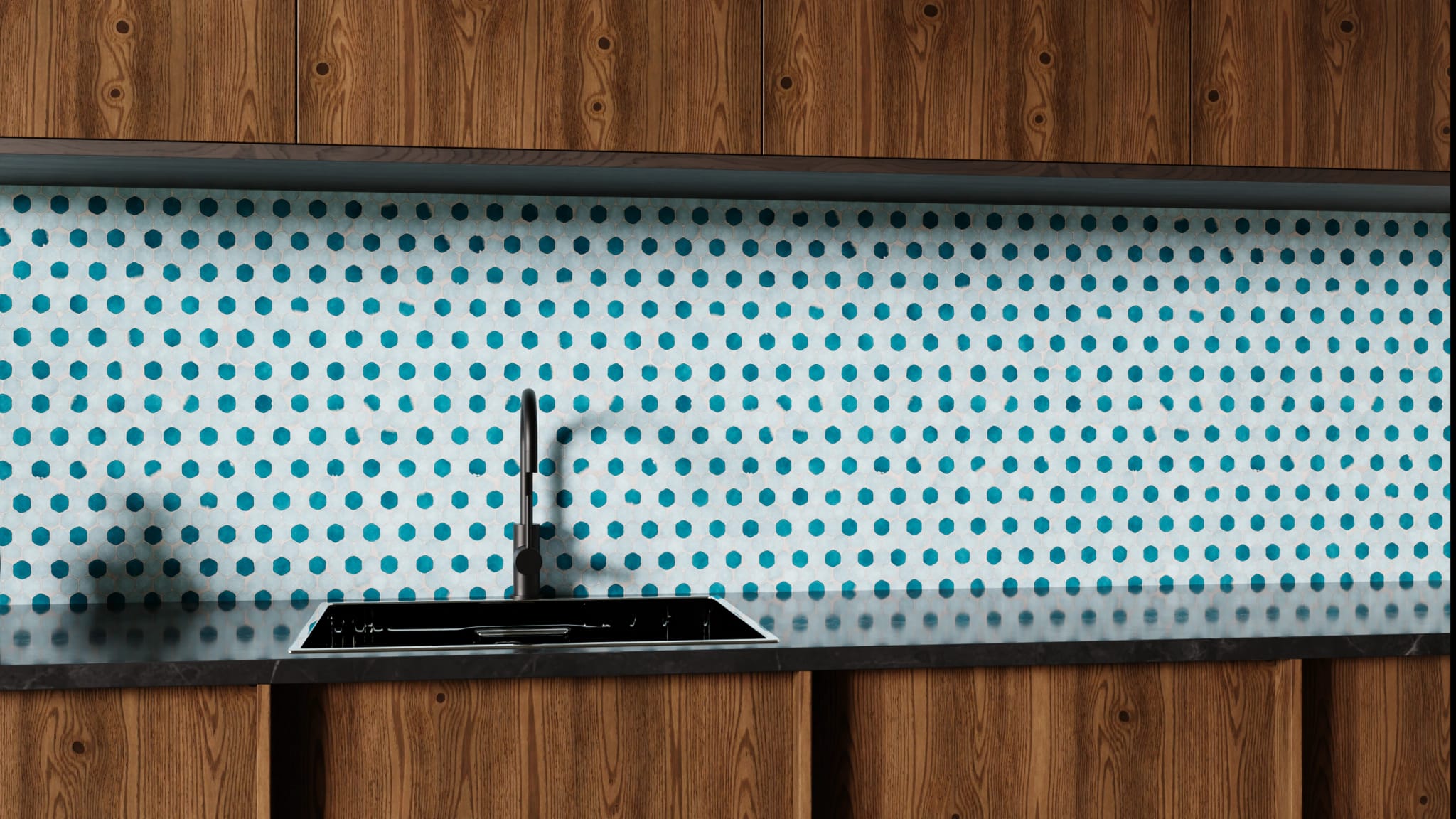 Küchenrückwand - Hexagon-Mosaik Aqua-Petrol