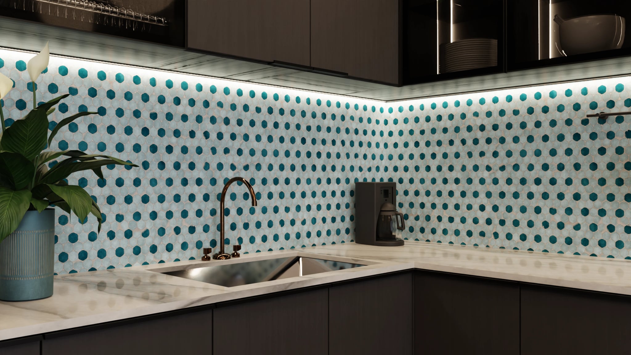Küchenrückwand - Hexagon-Mosaik Aqua-Petrol – Bild 5