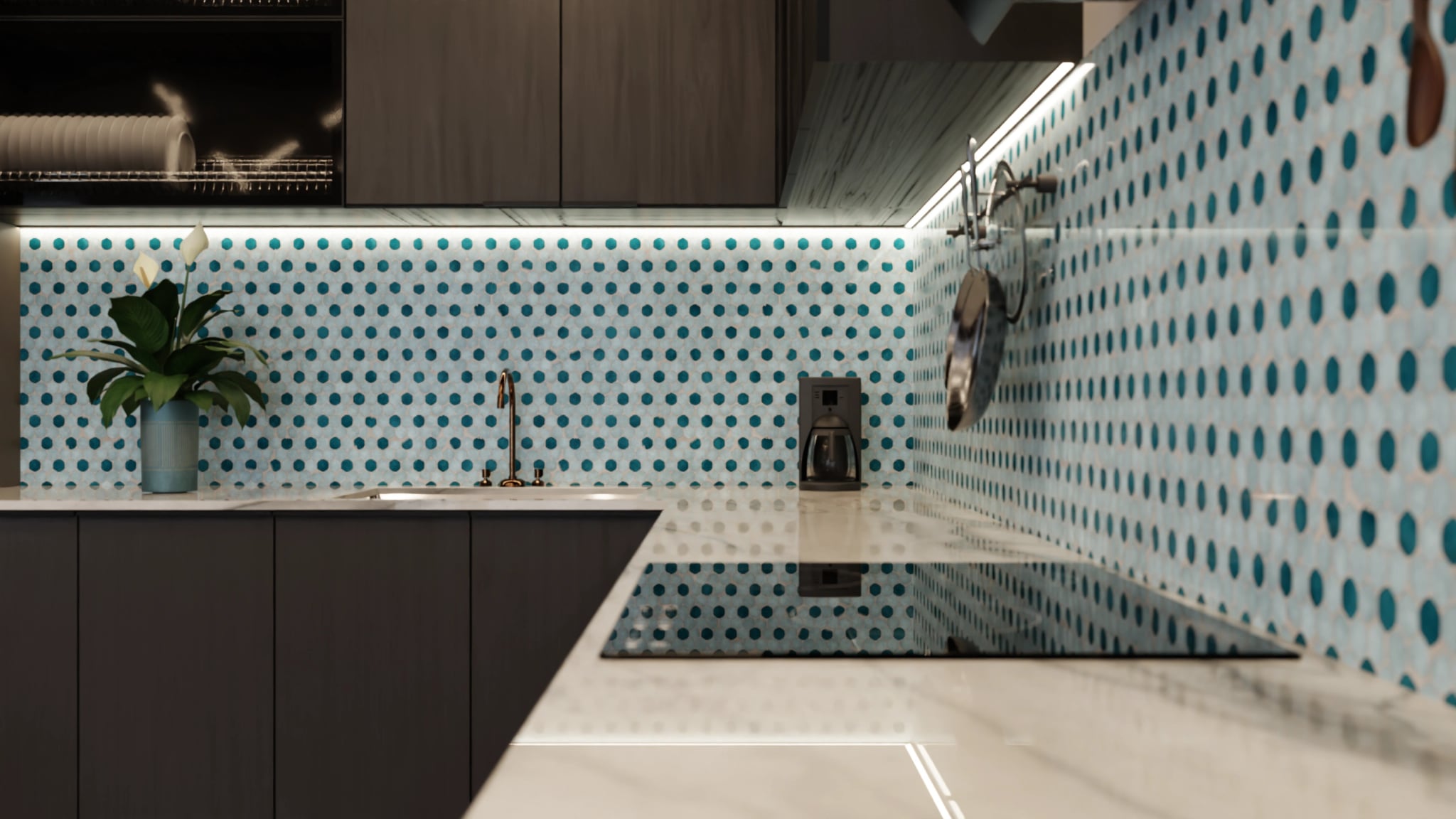 Küchenrückwand - Hexagon-Mosaik Aqua-Petrol – Bild 6