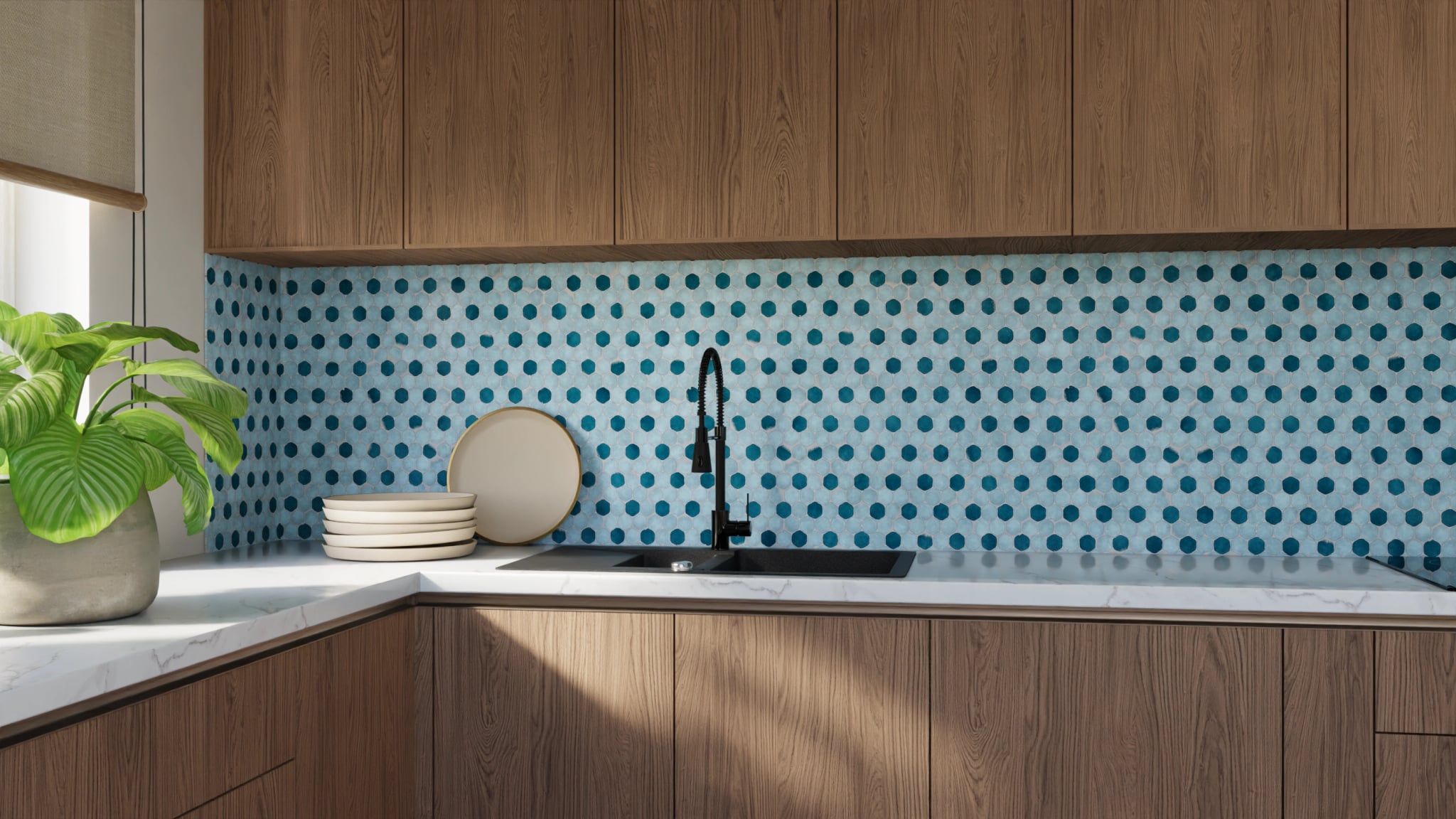 Küchenrückwand - Hexagon-Mosaik Aqua-Petrol – Bild 9