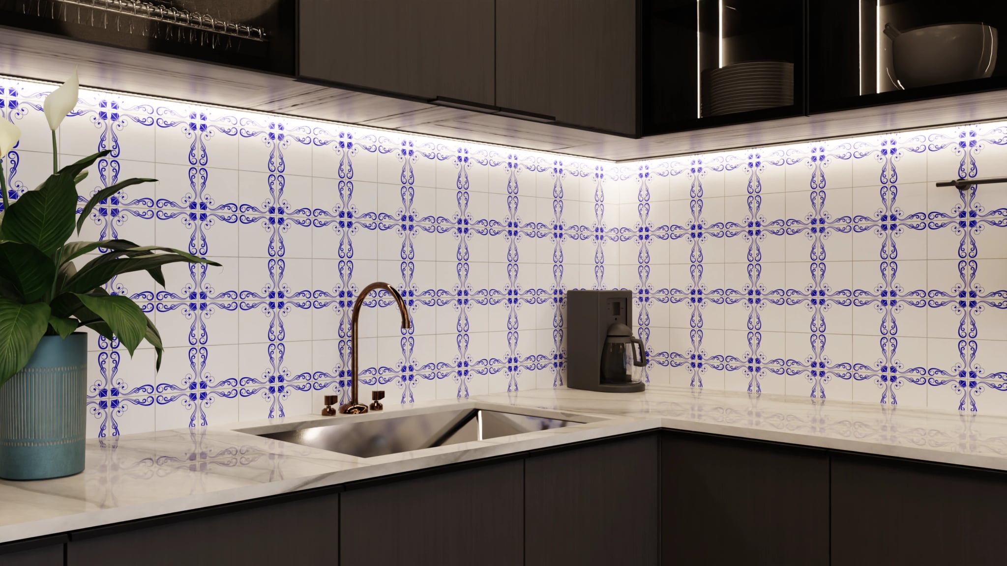Küchenrückwand - Azulejo Schnörkel Kobalt – Bild 5