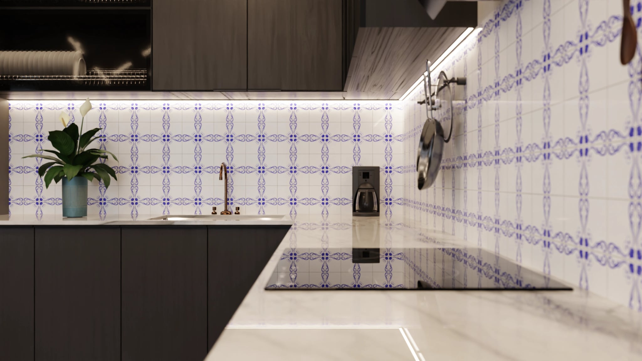 Küchenrückwand - Azulejo Schnörkel Kobalt – Bild 6