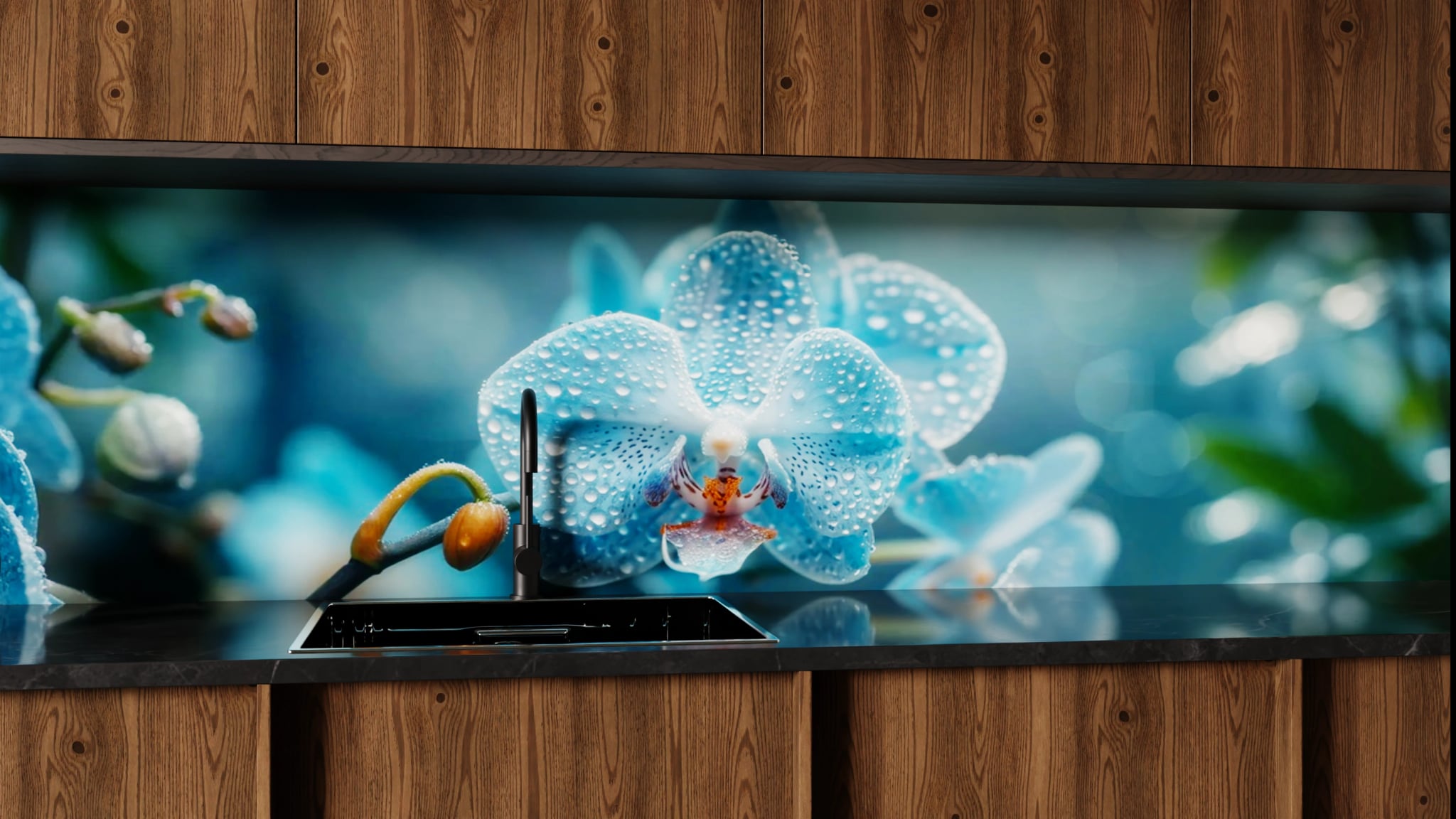 Küchenrückwand - Orchidee Blau Regentropfen – Bild 1