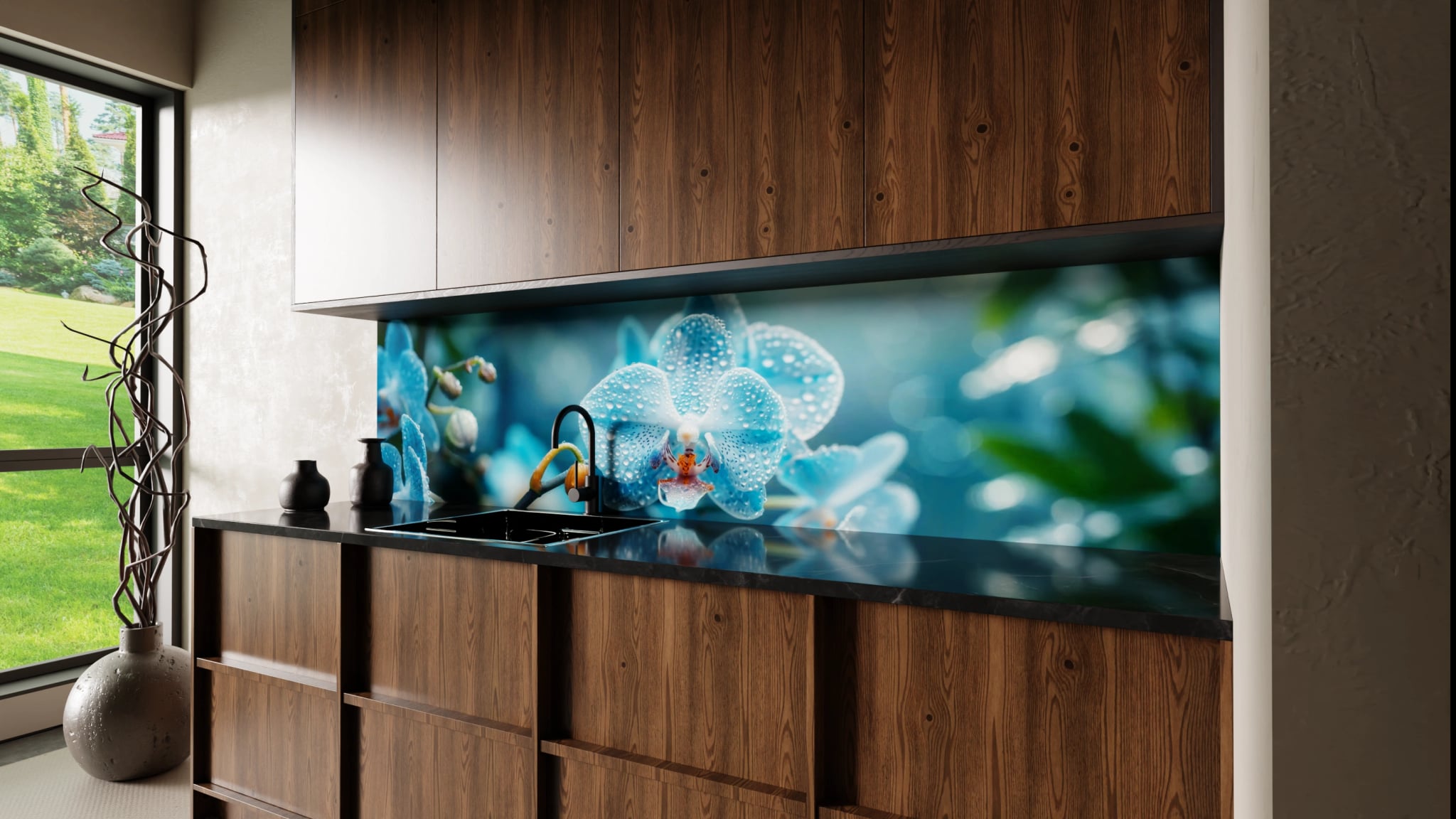 Küchenrückwand - Orchidee Blau Regentropfen – Bild 2