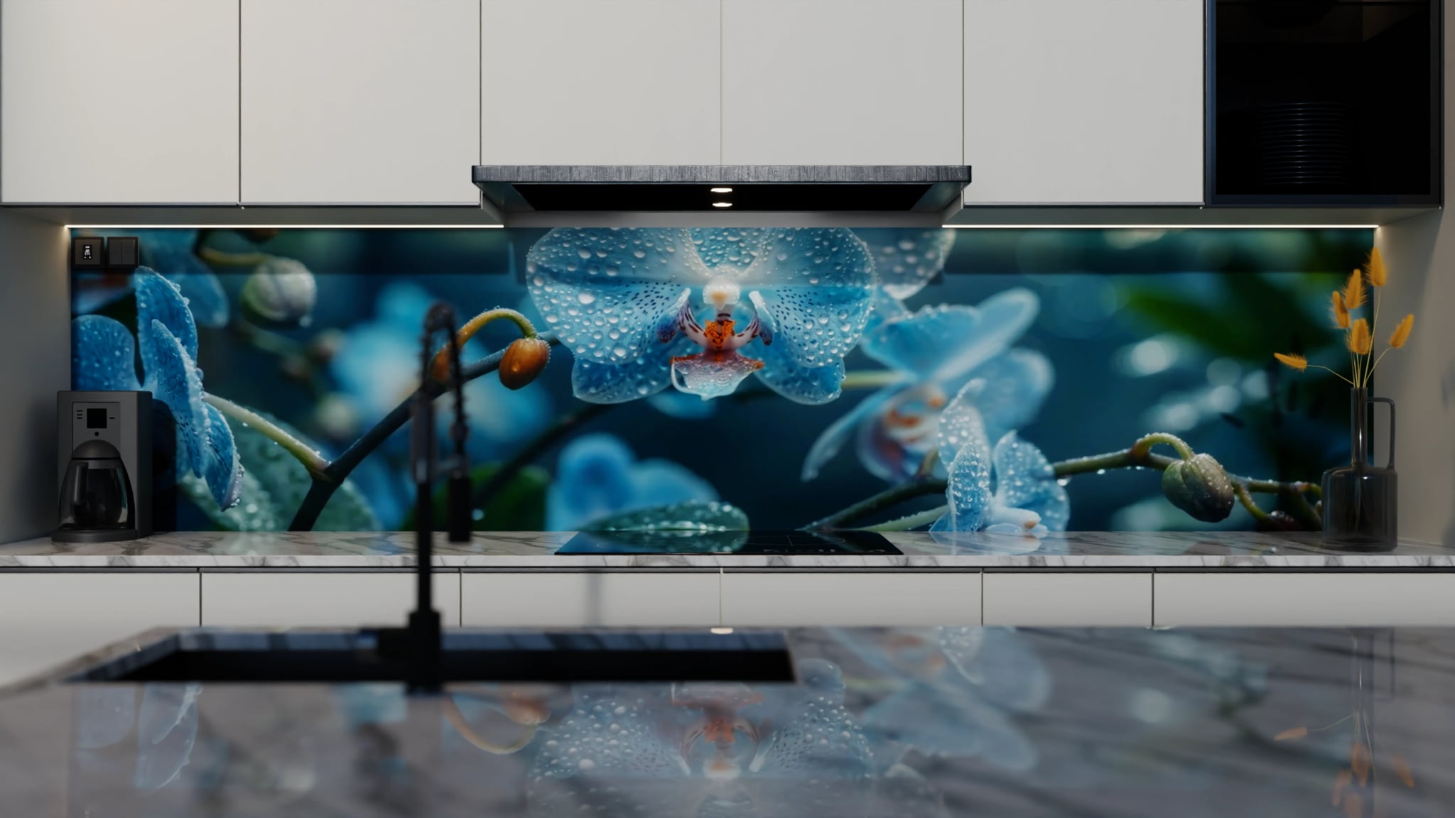 Küchenrückwand - Orchidee Blau Regentropfen – Bild 4