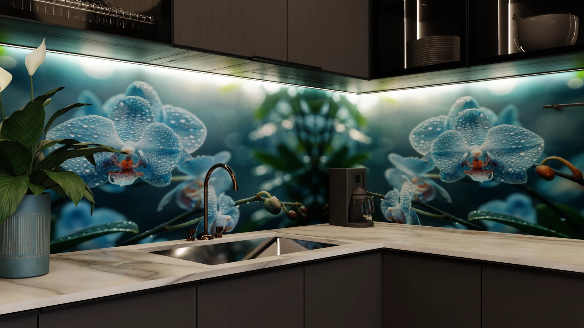 Küchenrückwand - Orchidee Blau Regentropfen – Bild 5