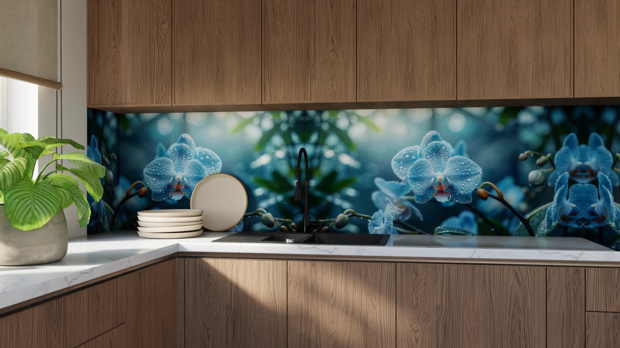 Küchenrückwand - Orchidee Blau Regentropfen – Bild 9