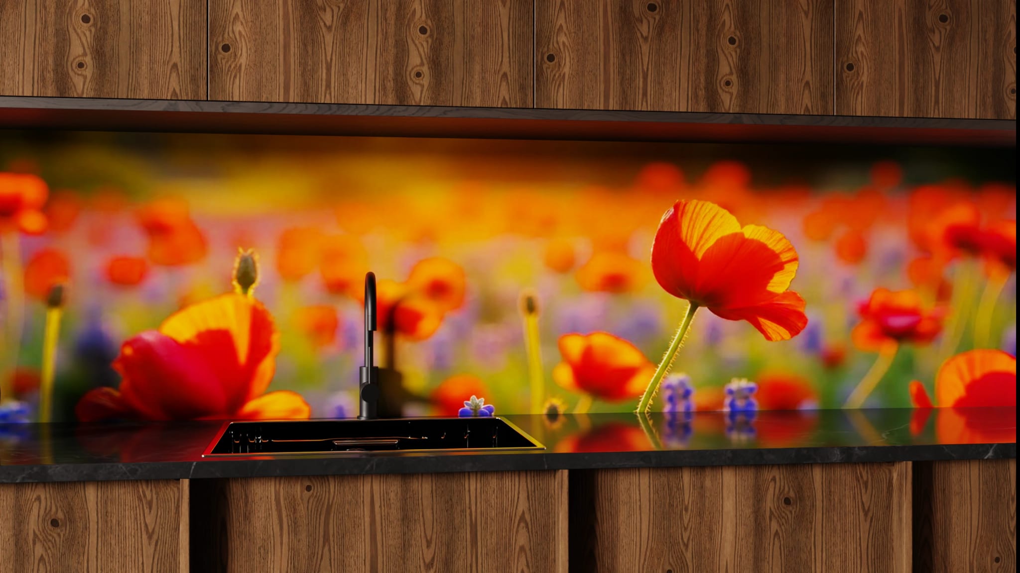Küchenrückwand - Mohnblumen Traubenhyazinthen Abendlicht