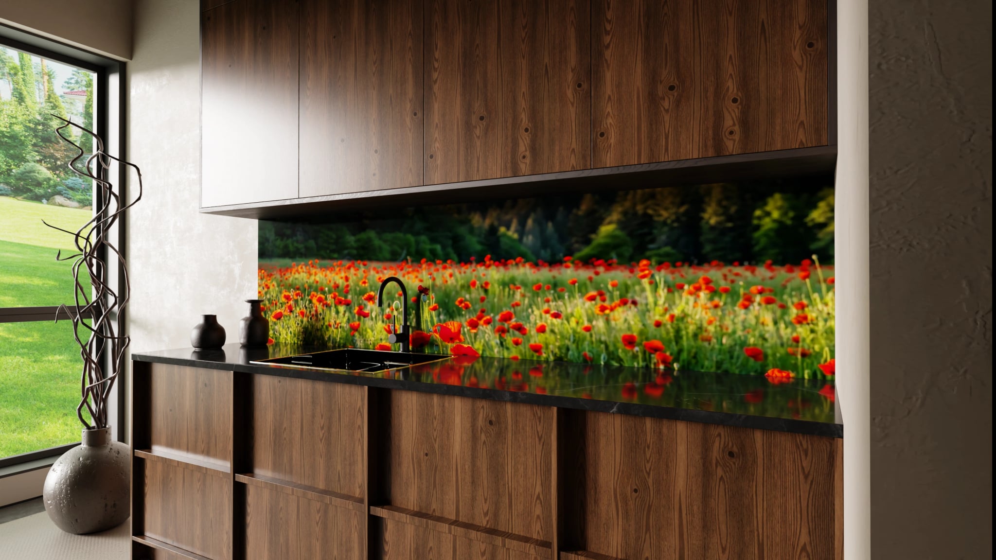 Küchenrückwand - Mohnblumenfeld Rot Wald – Bild 2