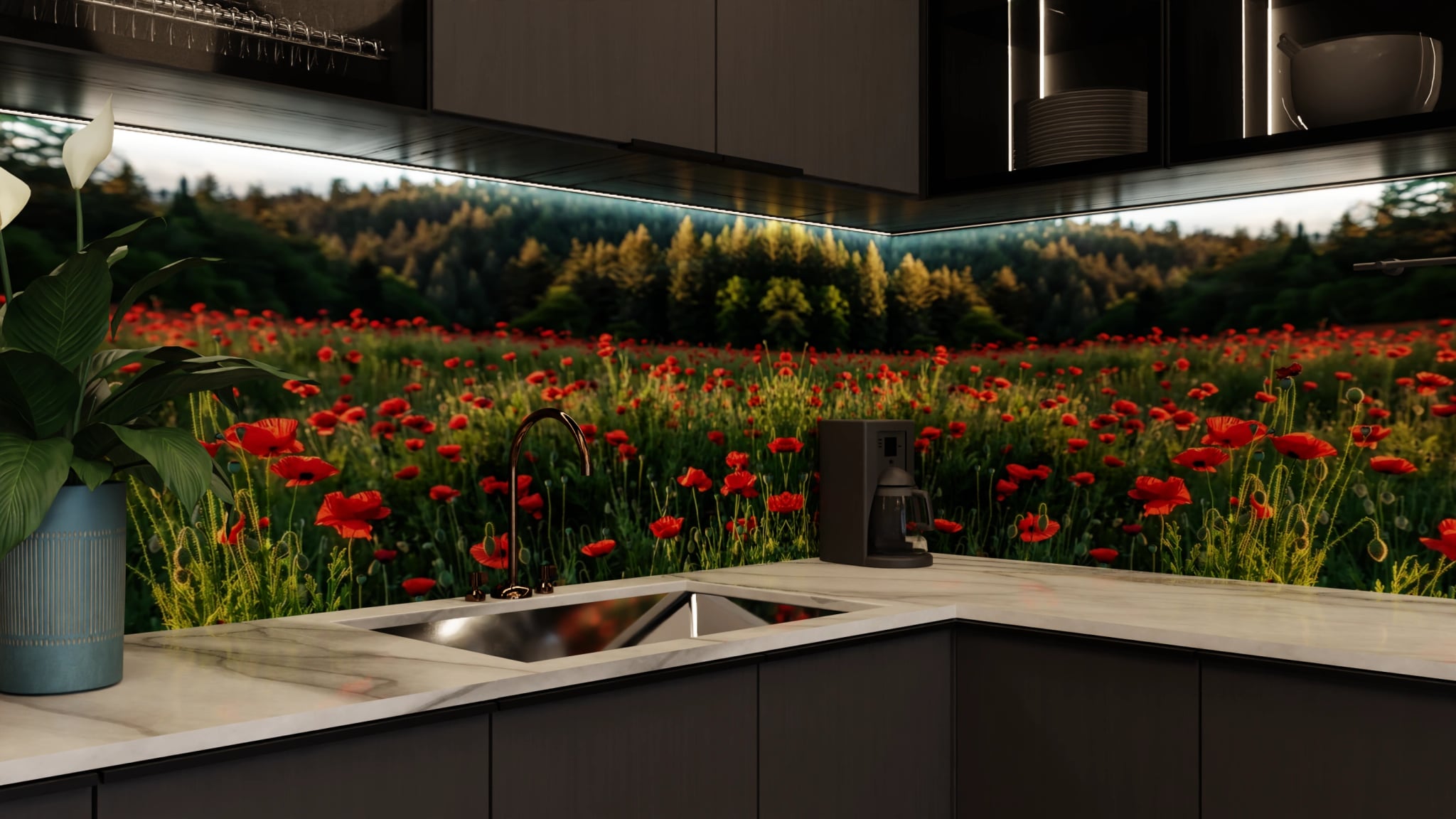 Küchenrückwand - Mohnblumenfeld Rot Wald – Bild 5