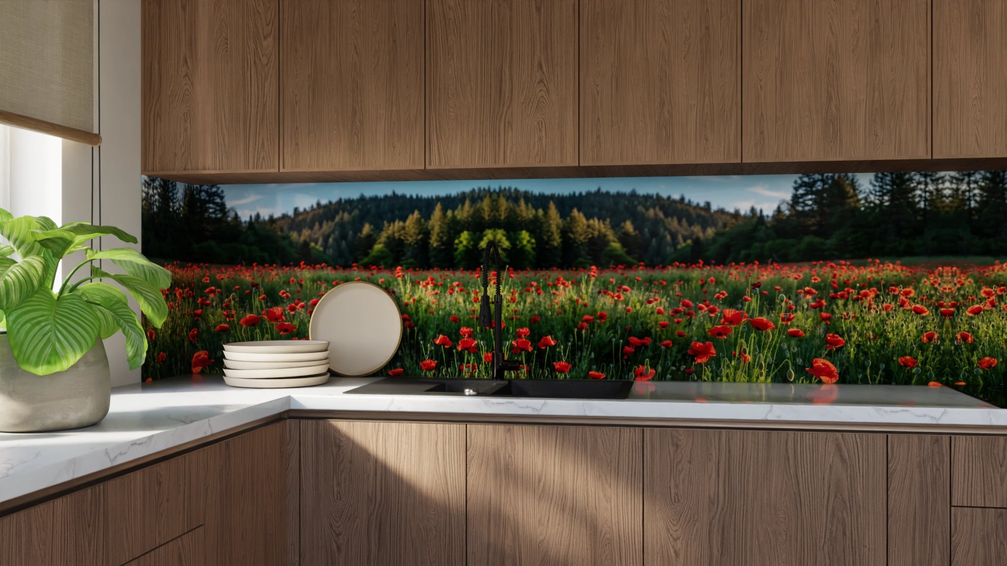 Küchenrückwand - Mohnblumenfeld Rot Wald – Bild 9