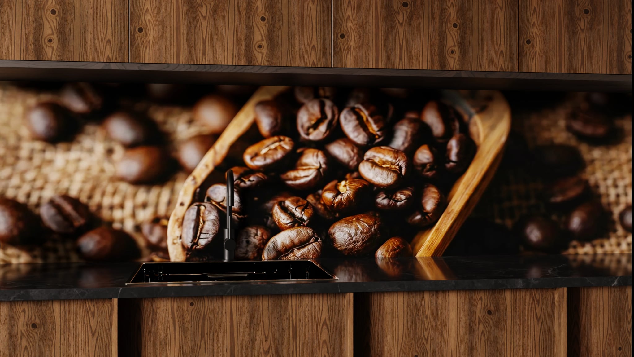 Küchenrückwand - Kaffeebohnen Holzlöffel Jute – Bild 1