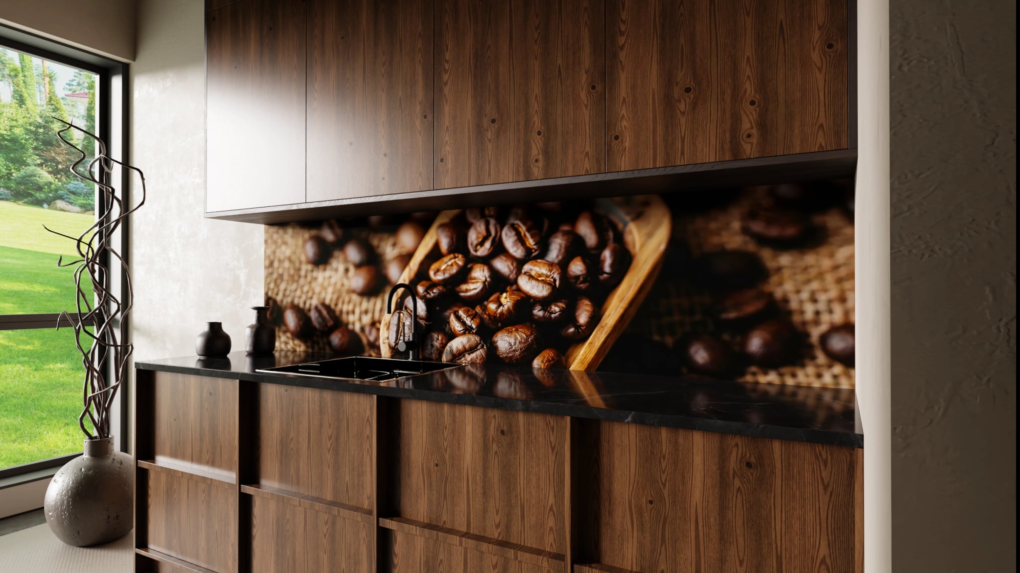 Küchenrückwand - Kaffeebohnen Holzlöffel Jute – Bild 2