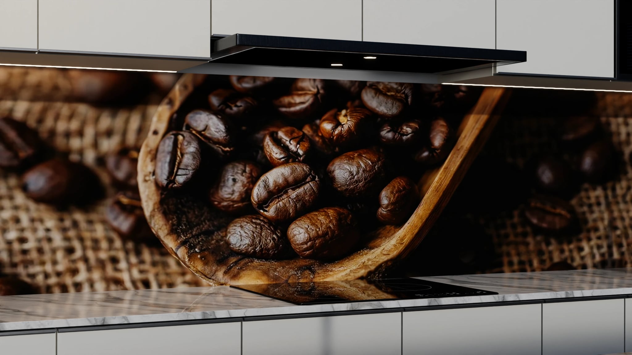Küchenrückwand - Kaffeebohnen Holzlöffel Jute – Bild 3