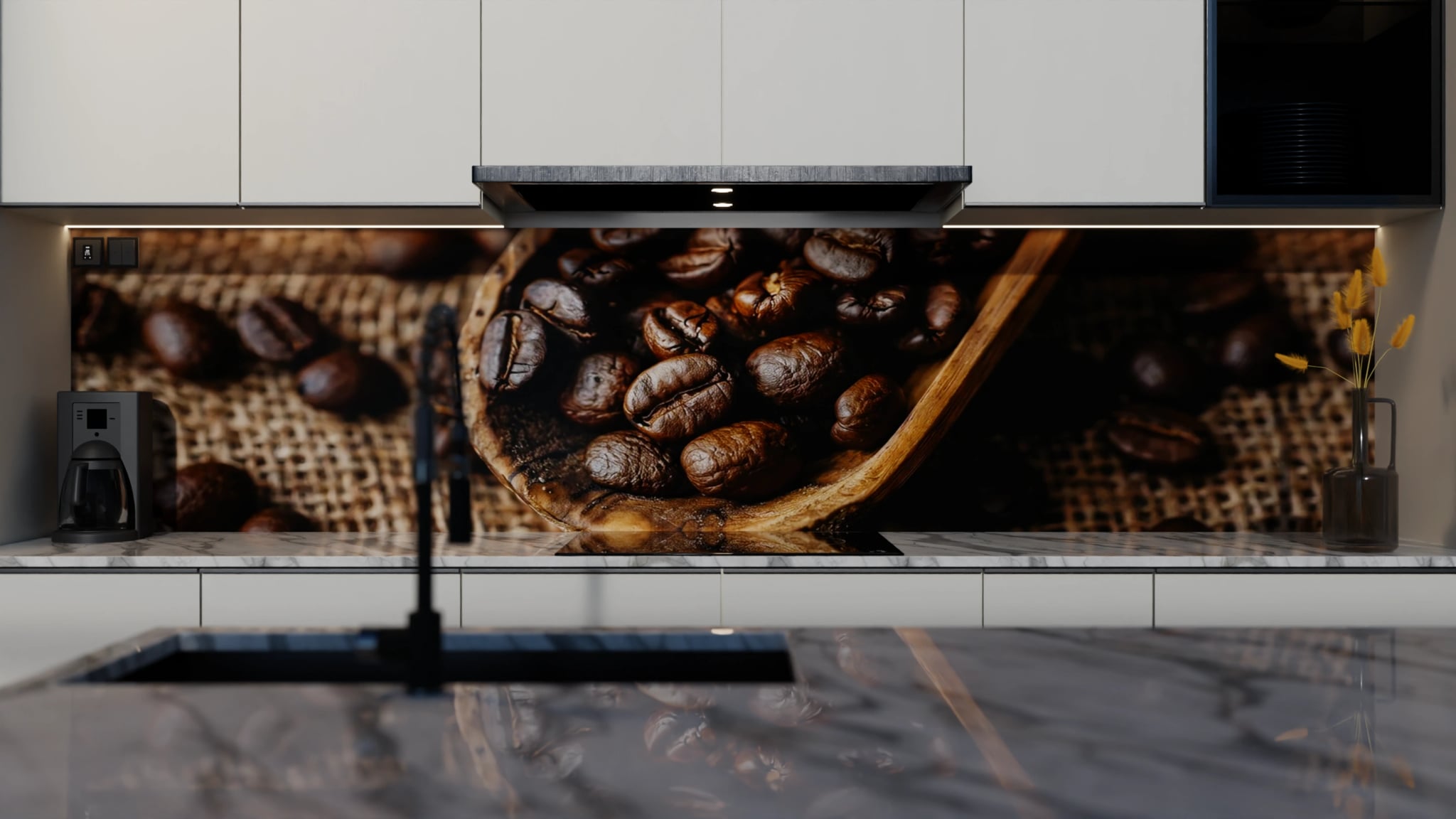 Küchenrückwand - Kaffeebohnen Holzlöffel Jute – Bild 4