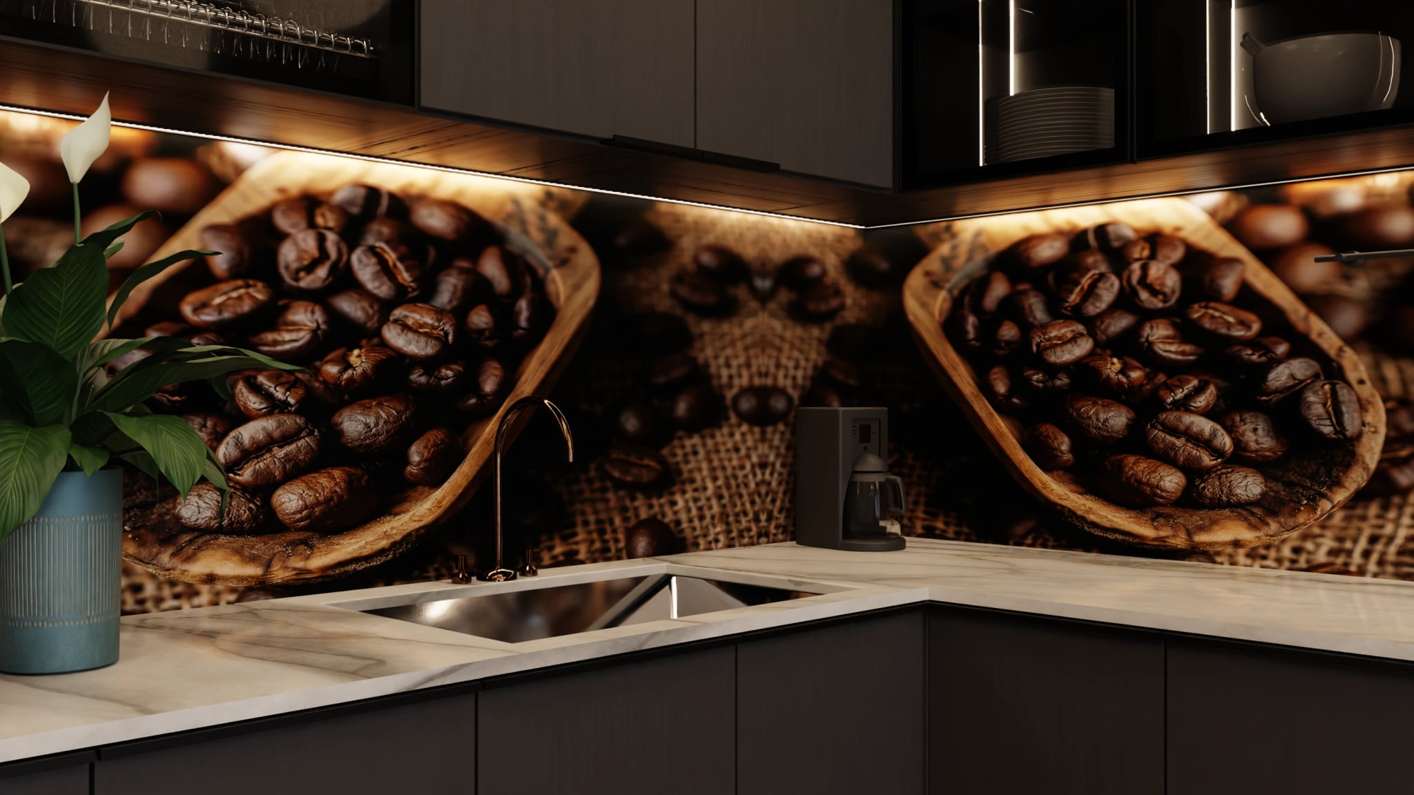 Küchenrückwand - Kaffeebohnen Holzlöffel Jute – Bild 5