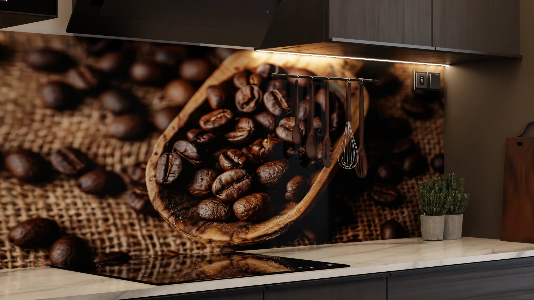 Küchenrückwand - Kaffeebohnen Holzlöffel Jute – Bild 7