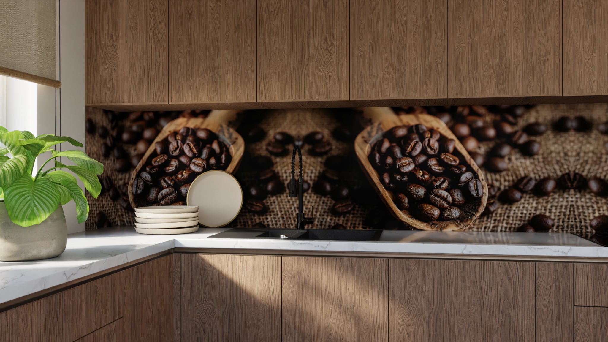 Küchenrückwand - Kaffeebohnen Holzlöffel Jute – Bild 9