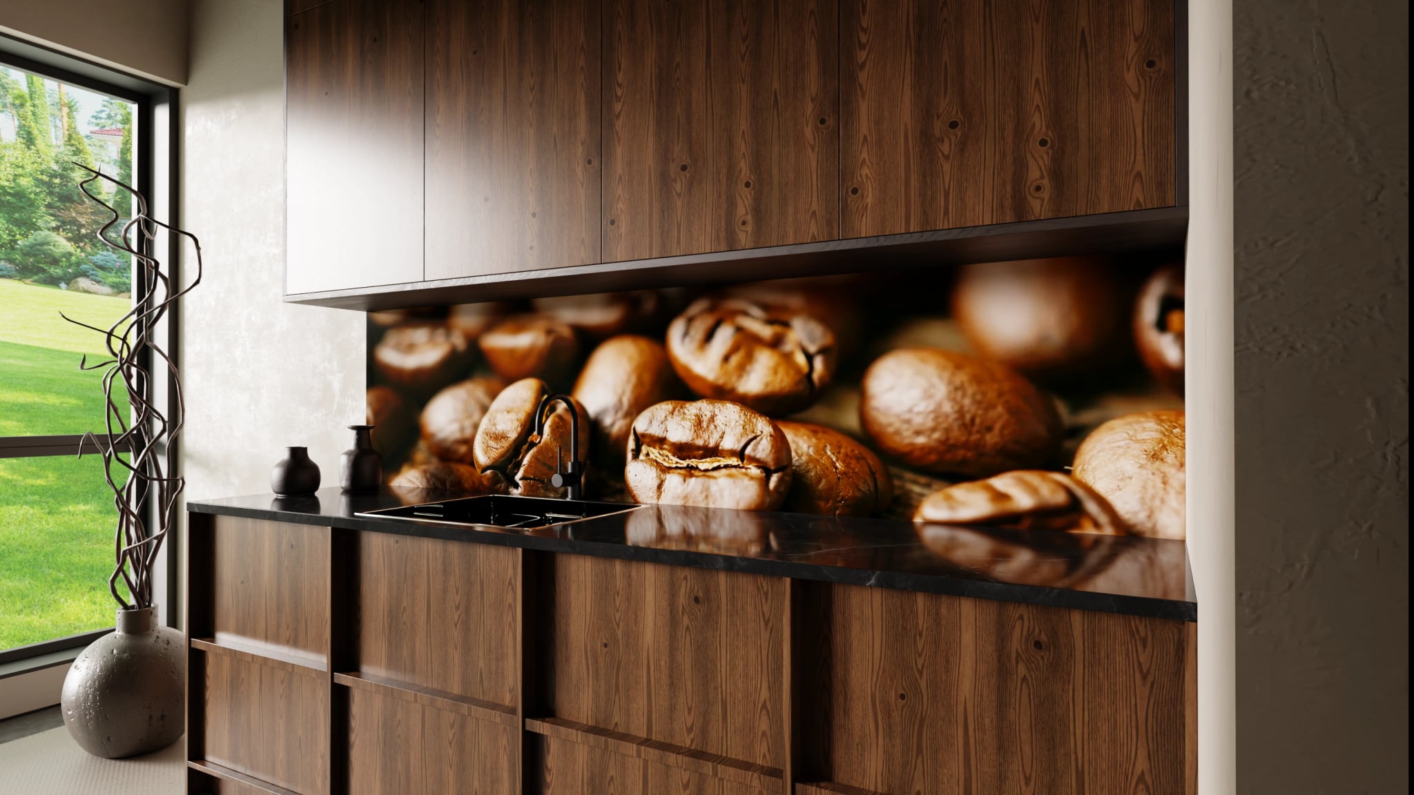 Küchenrückwand - Kaffeebohnen Nahaufnahme Holz – Bild 2