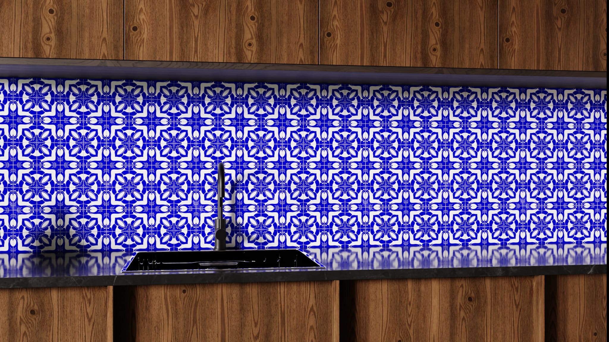 Küchenrückwand - Azulejo Tiefblau Floral