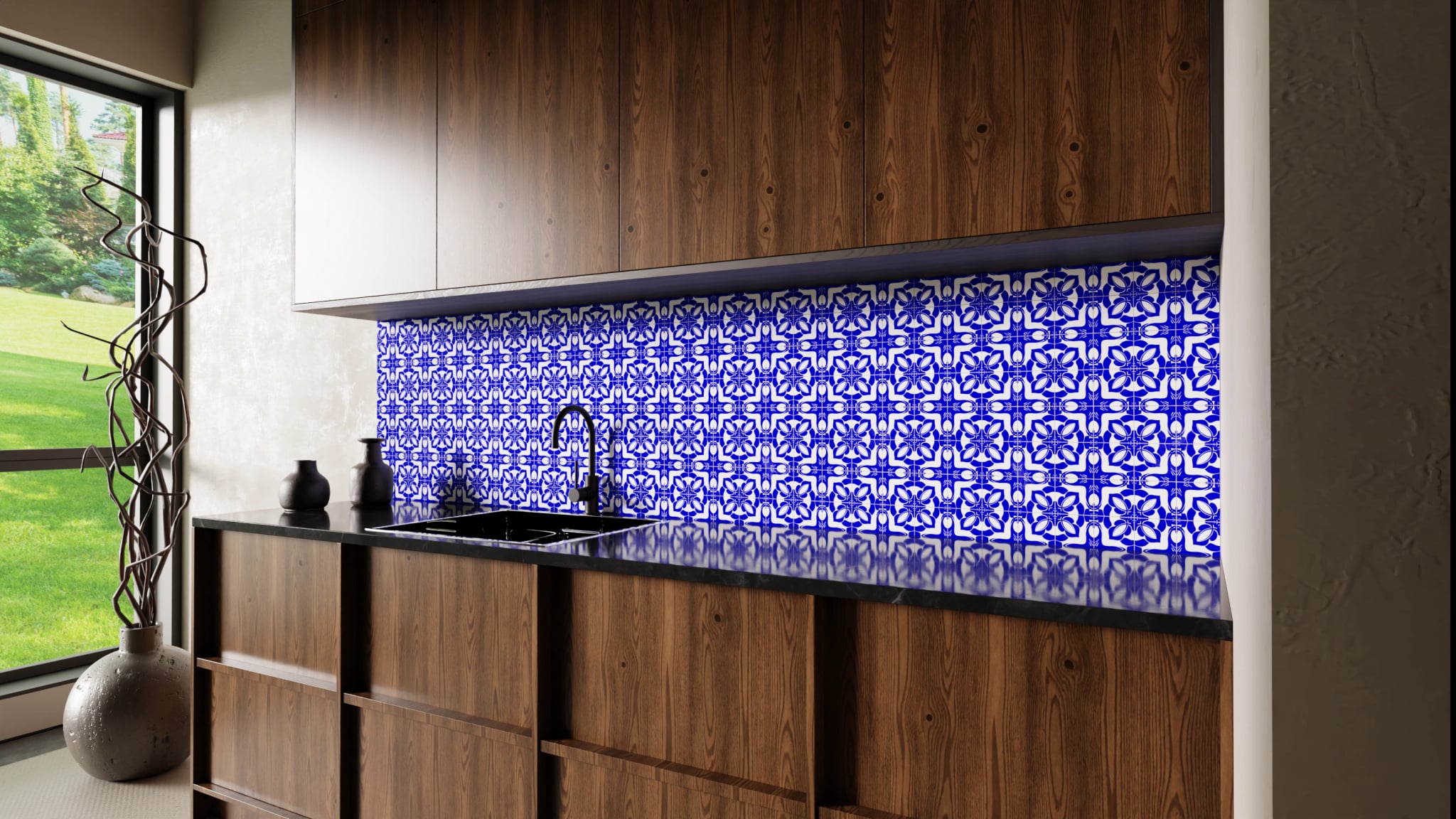 Küchenrückwand - Azulejo Tiefblau Floral – Bild 2