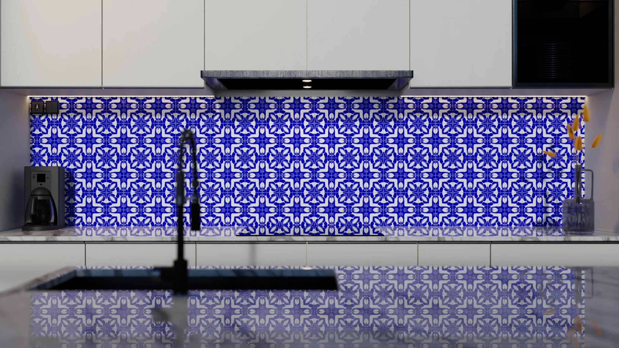 Küchenrückwand - Azulejo Tiefblau Floral – Bild 4