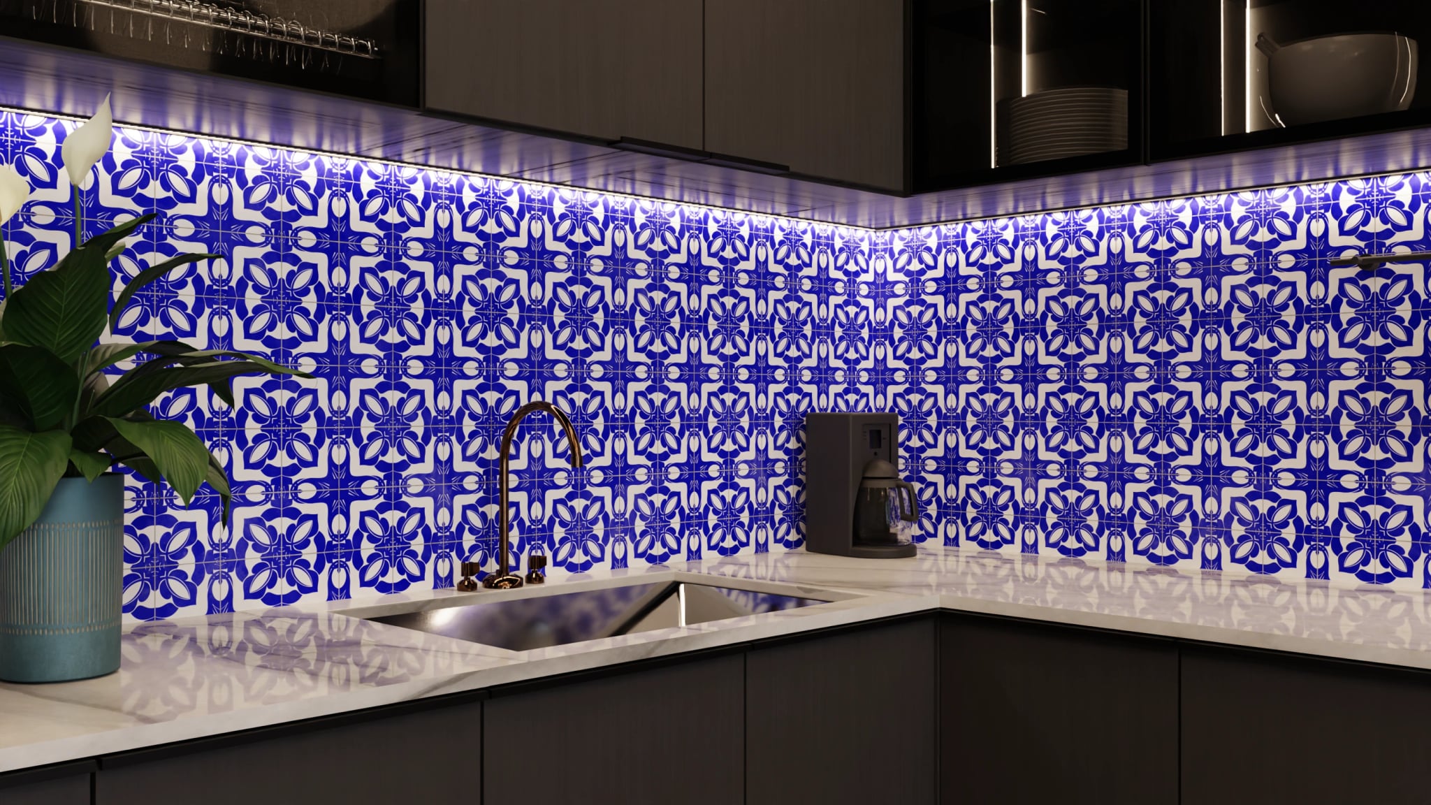 Küchenrückwand - Azulejo Tiefblau Floral – Bild 5