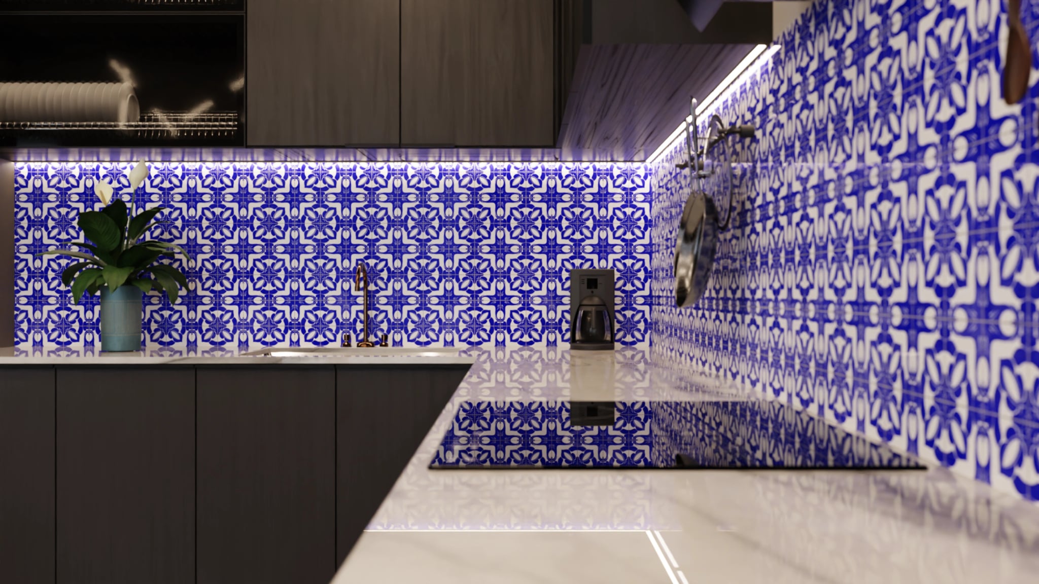 Küchenrückwand - Azulejo Tiefblau Floral – Bild 6