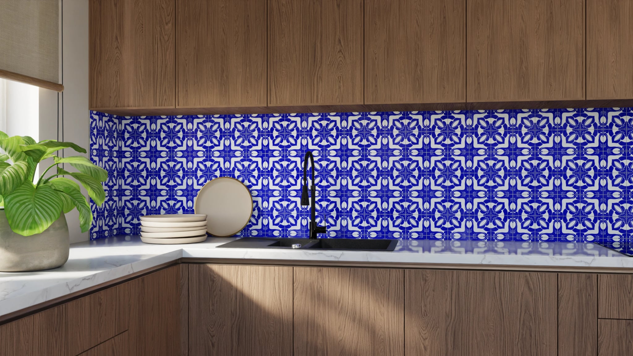 Küchenrückwand - Azulejo Tiefblau Floral – Bild 9