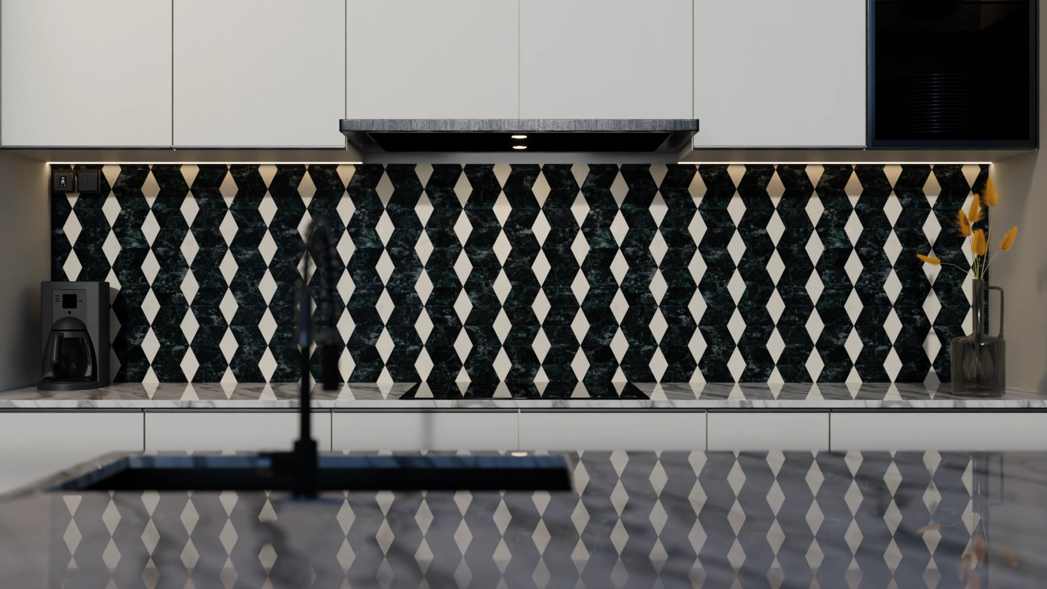 Küchenrückwand - Marmor Rauten Dunkelgrün-Creme – Bild 4