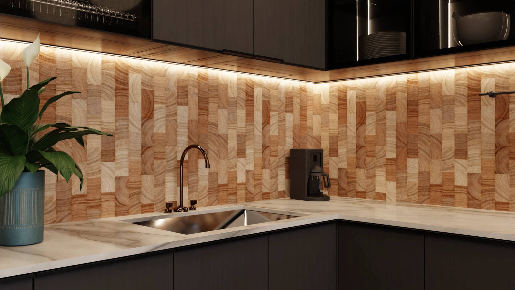 Küchenrückwand - Hirnholz Mosaik Hell – Bild 5