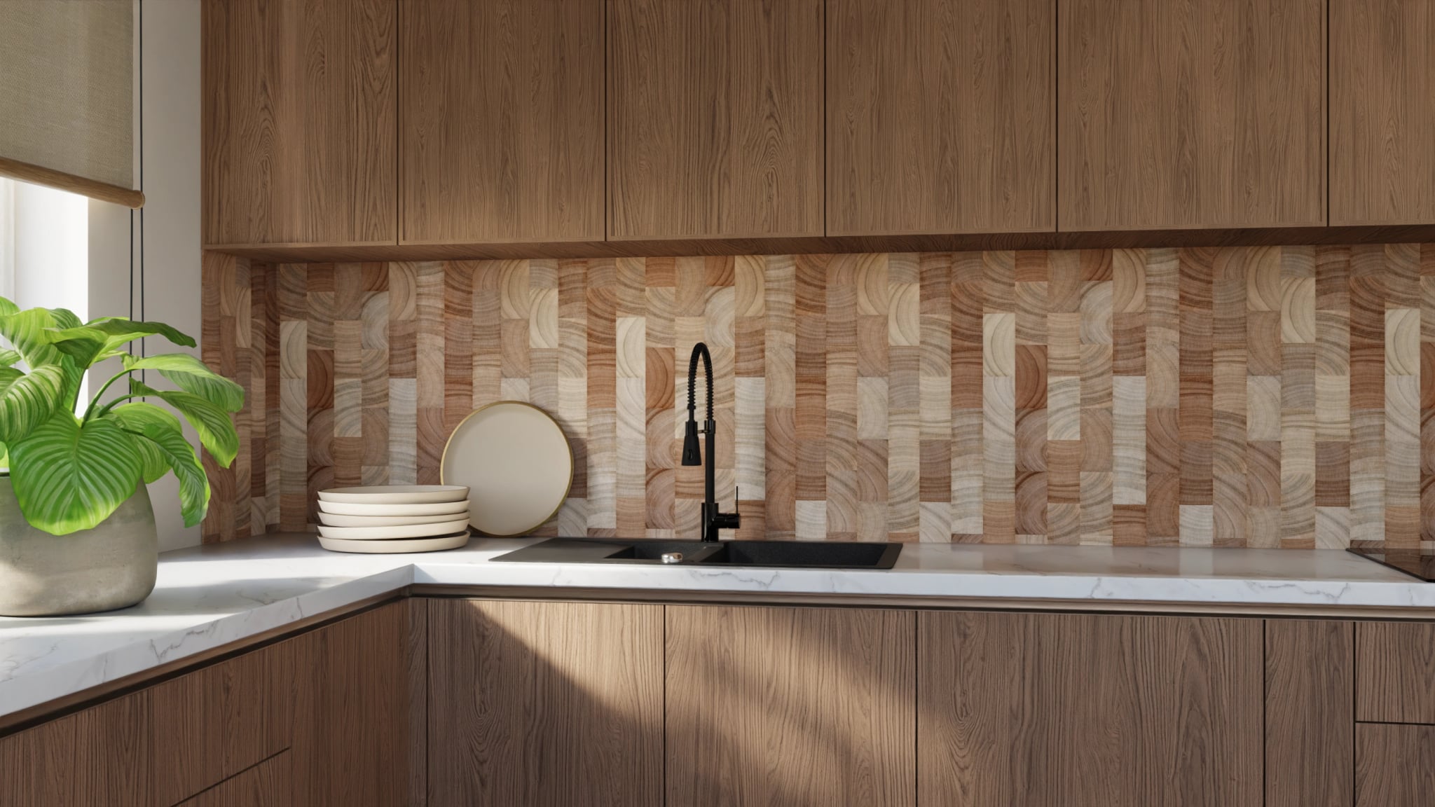 Küchenrückwand - Hirnholz Mosaik Hell – Bild 9