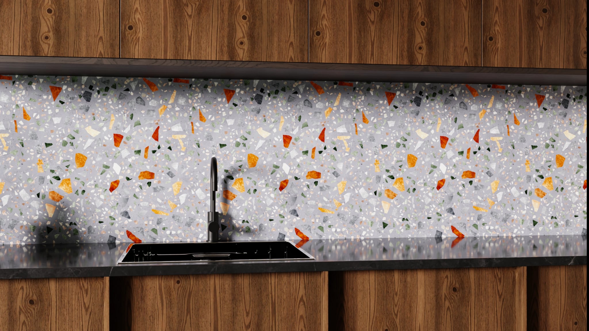 Küchenrückwand - Terrazzo Grau-Orange – Bild 1