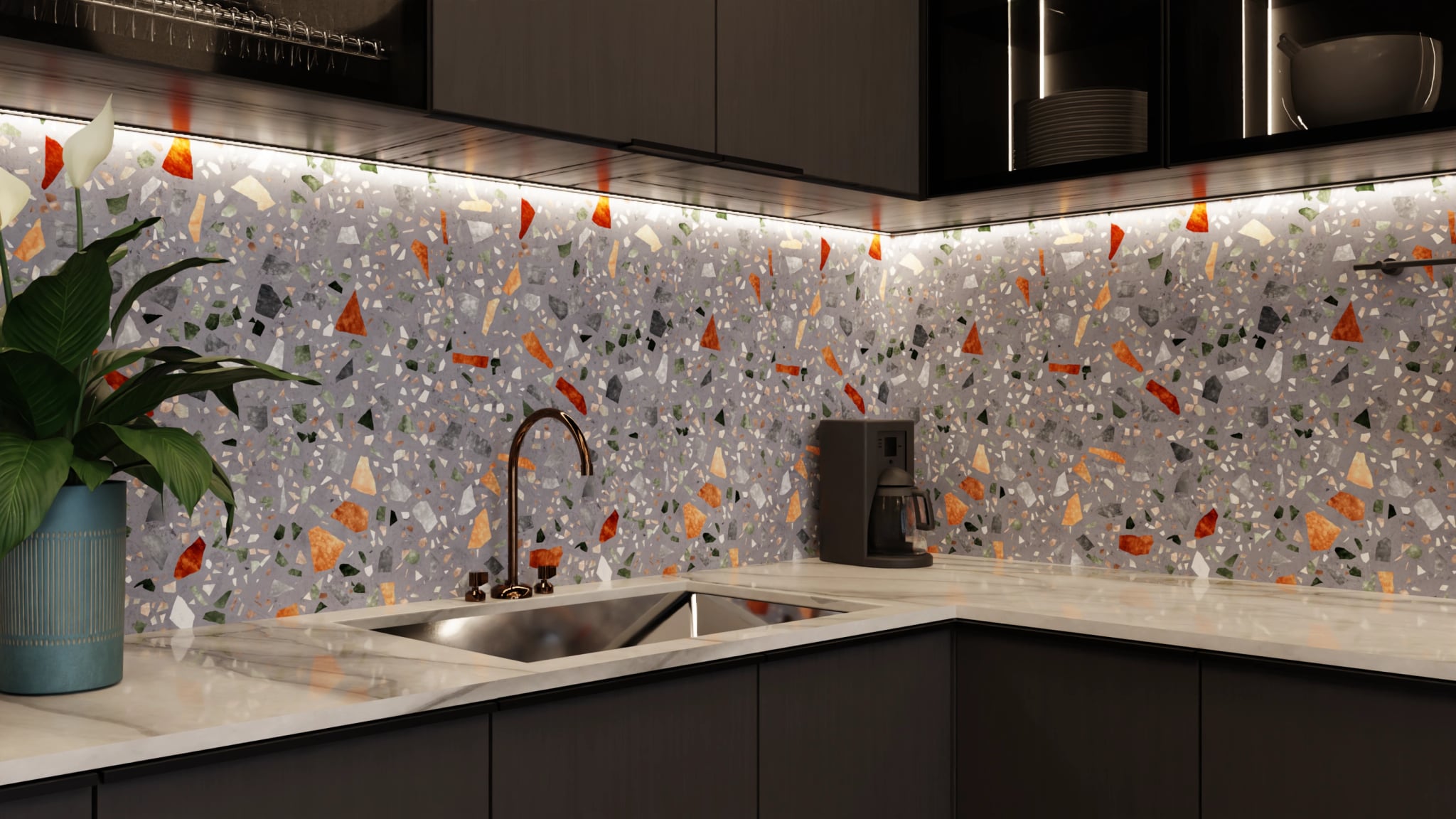 Küchenrückwand - Terrazzo Grau-Orange – Bild 5