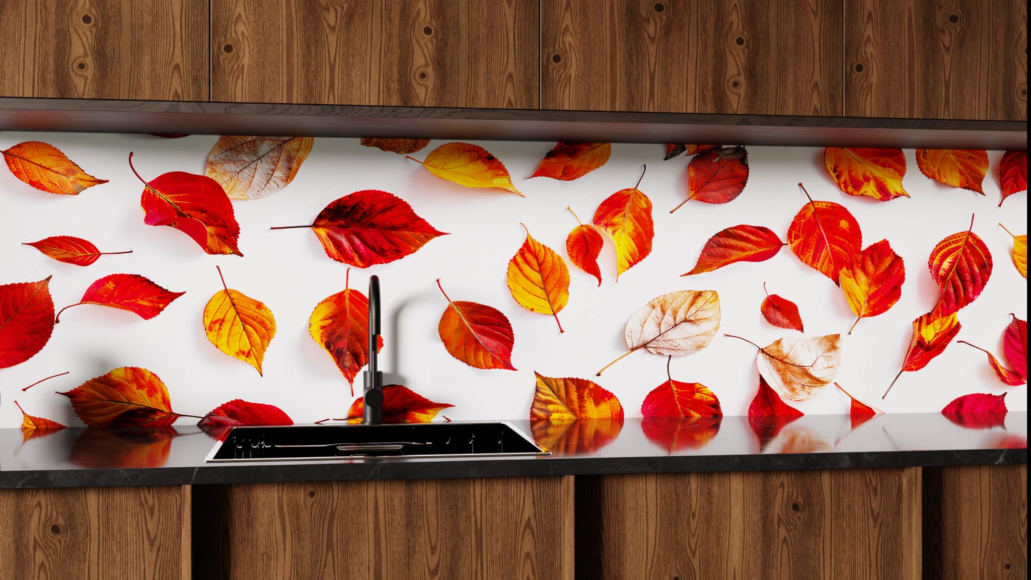 Küchenrückwand - Herbstblätter Rot auf Weiß