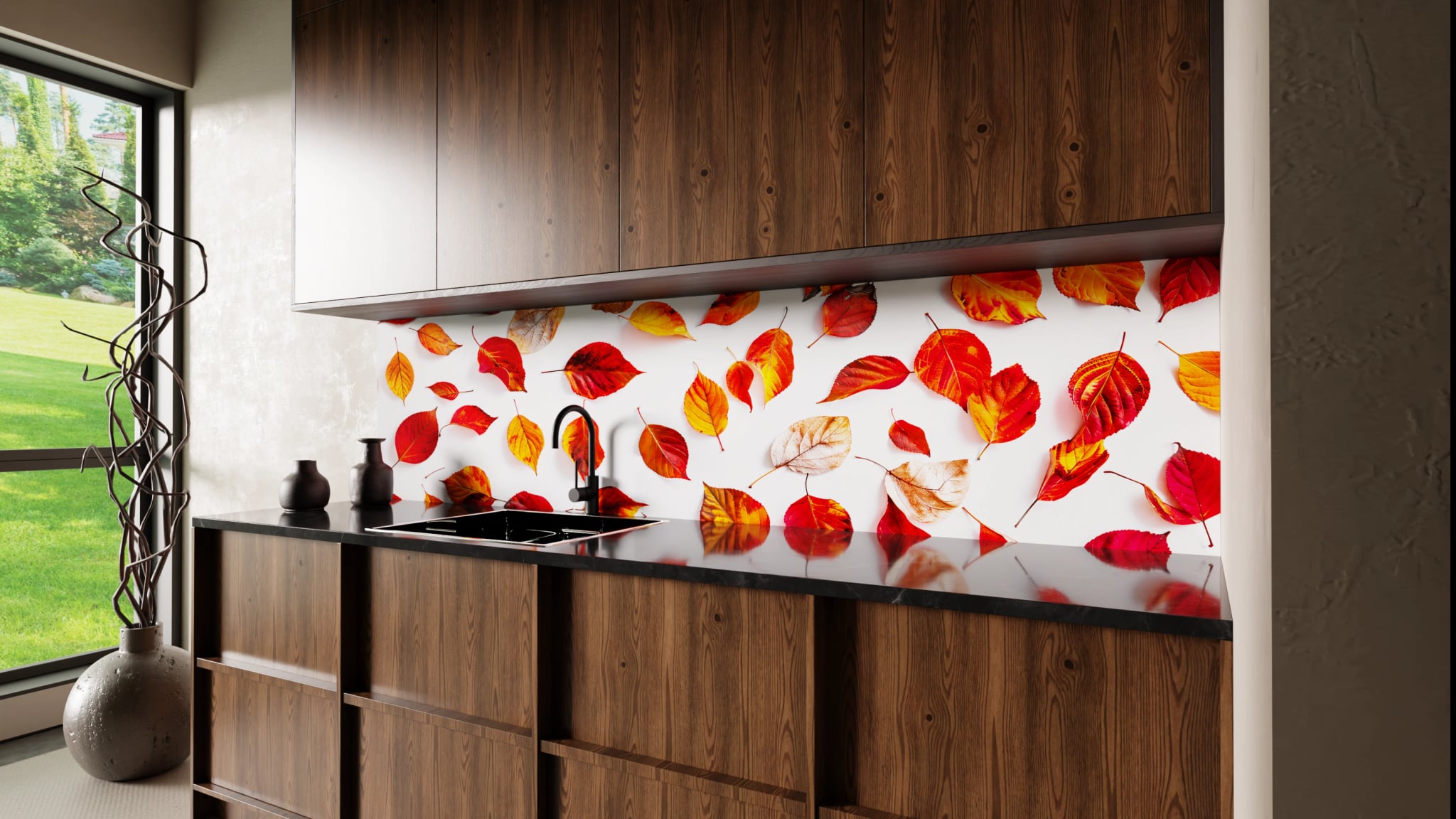 Küchenrückwand - Herbstblätter Rot auf Weiß – Bild 2
