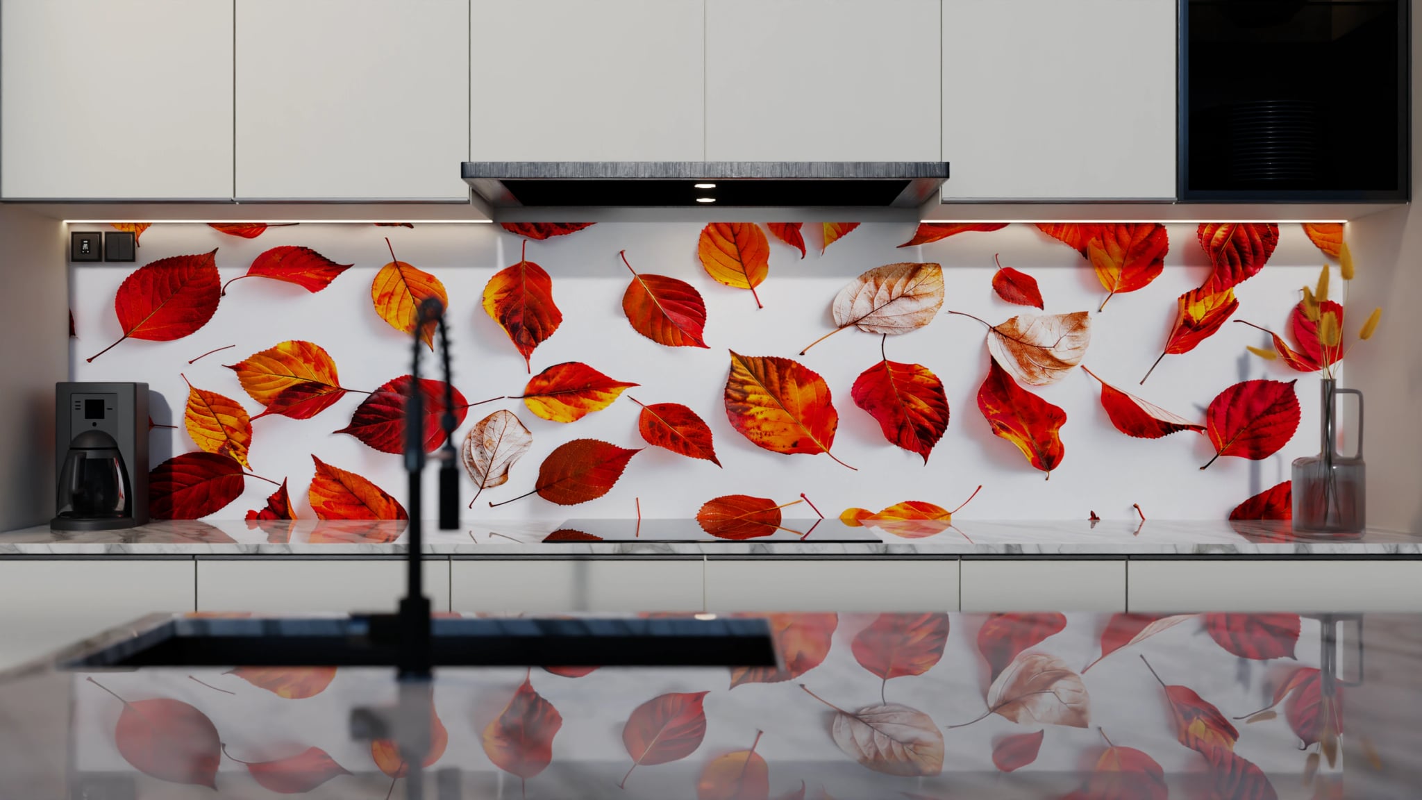 Küchenrückwand - Herbstblätter Rot auf Weiß – Bild 4
