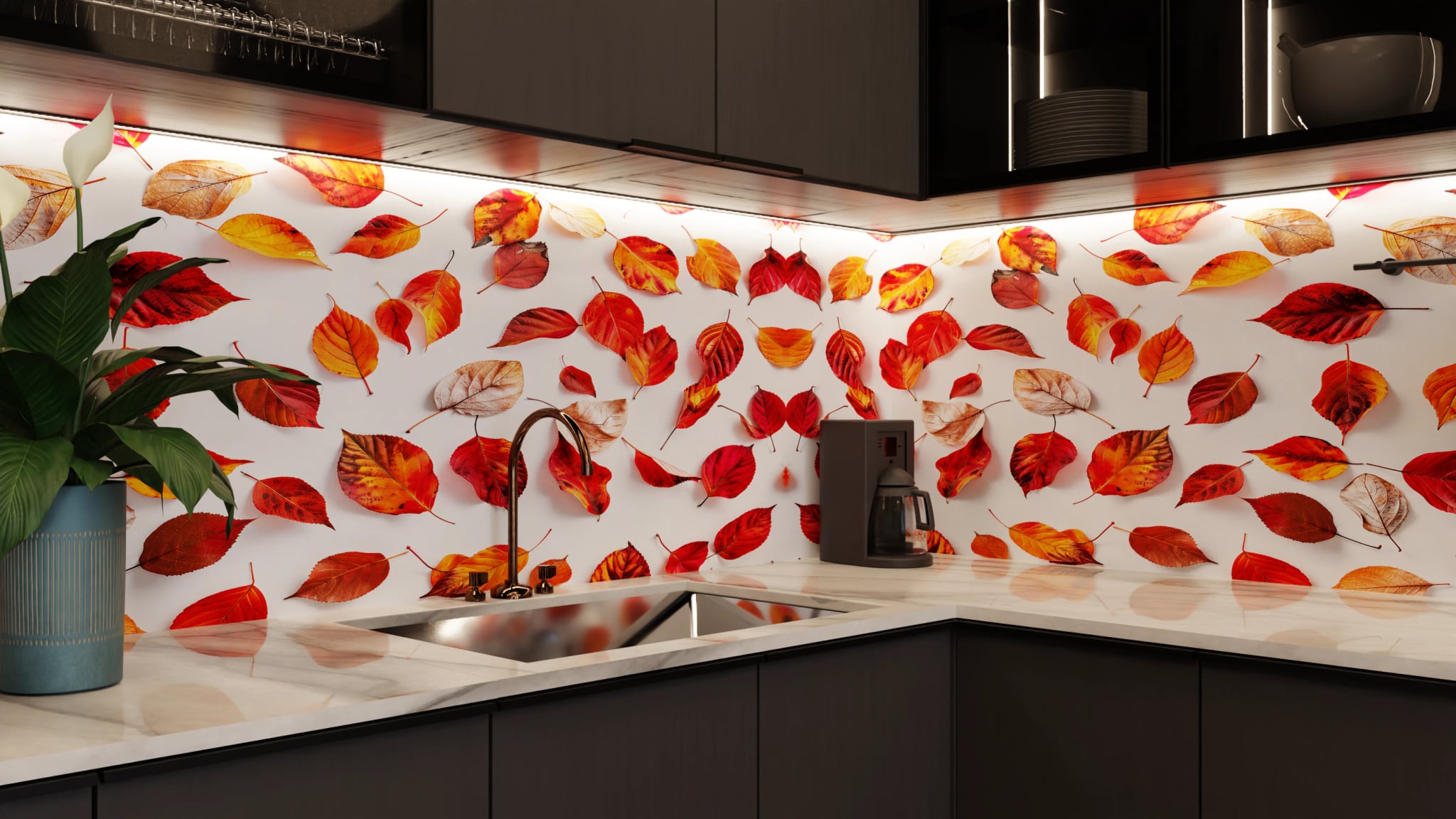 Küchenrückwand - Herbstblätter Rot auf Weiß – Bild 5