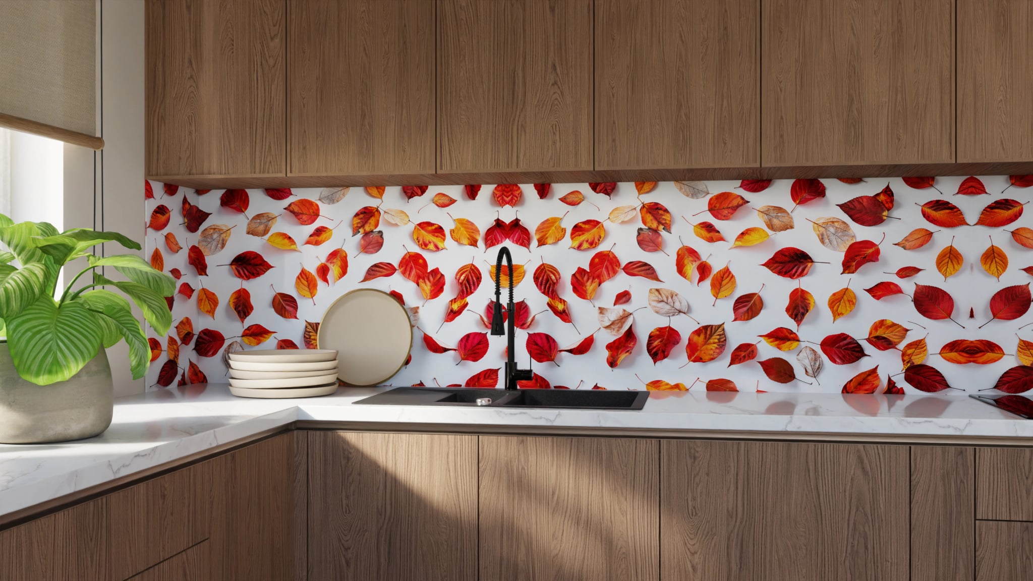 Küchenrückwand - Herbstblätter Rot auf Weiß – Bild 9