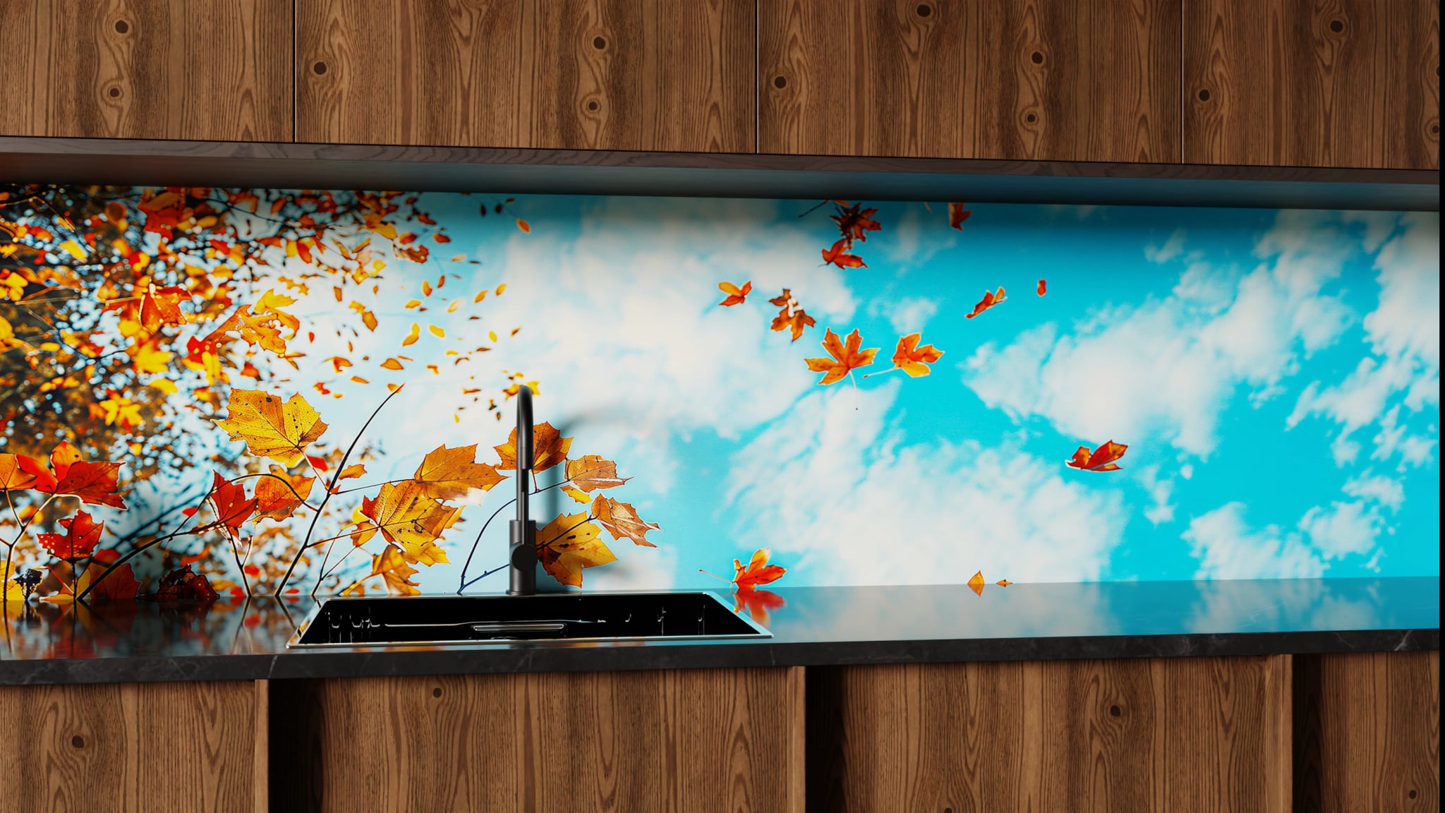Küchenrückwand - Herbstlaub Himmelblau – Bild 1