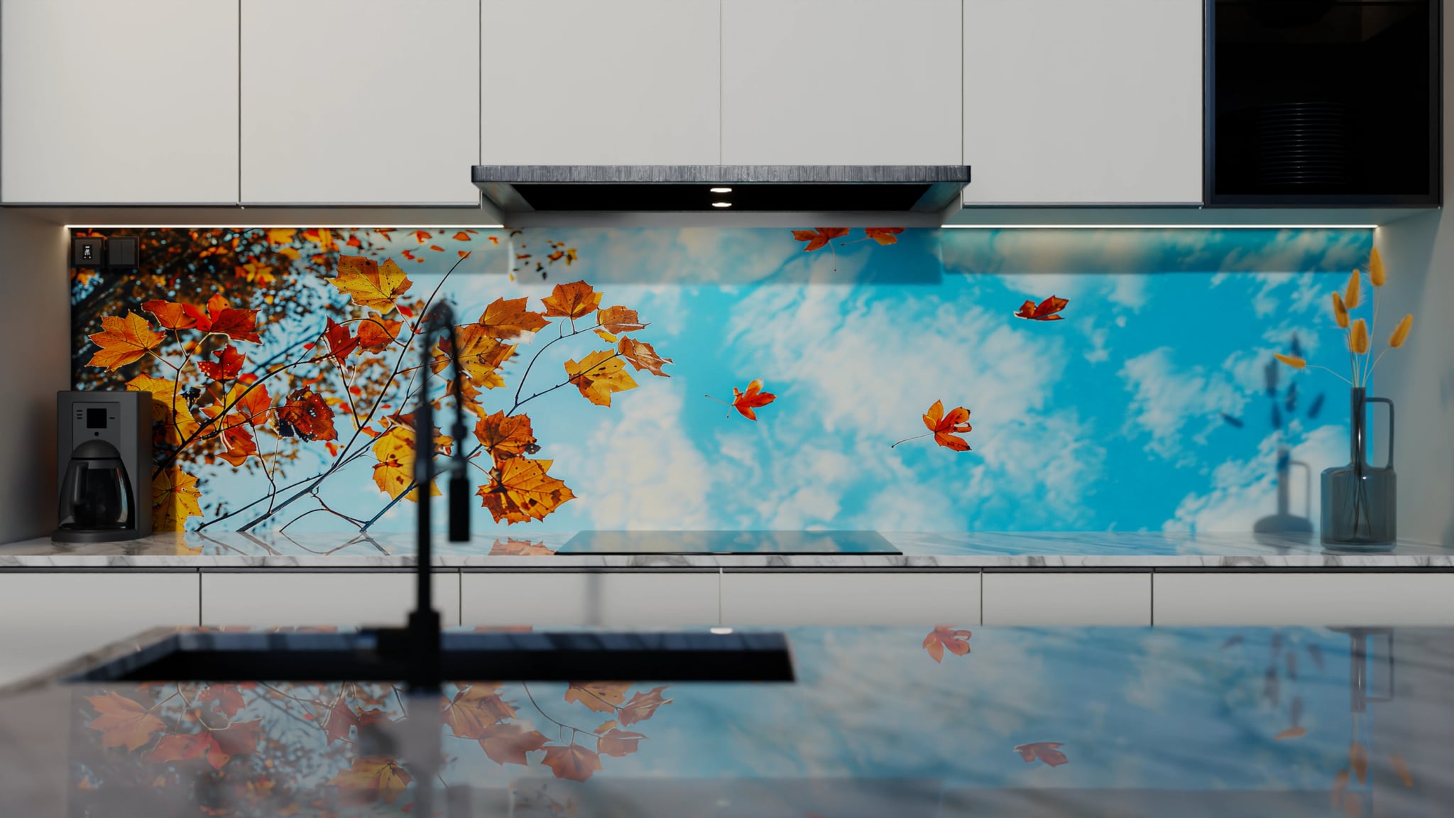 Küchenrückwand - Herbstlaub Himmelblau – Bild 4