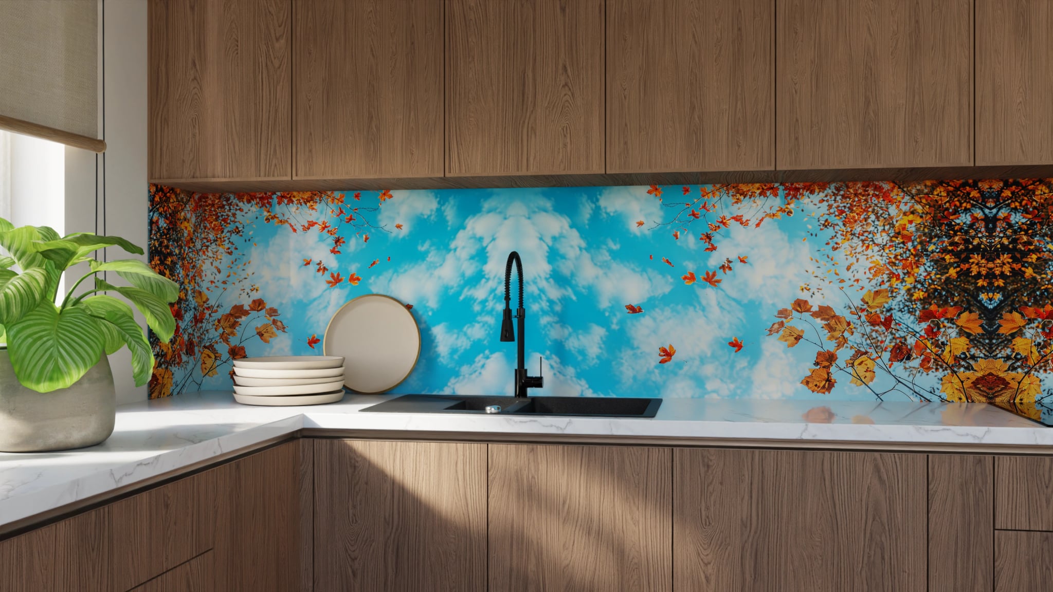 Küchenrückwand - Herbstlaub Himmelblau – Bild 9