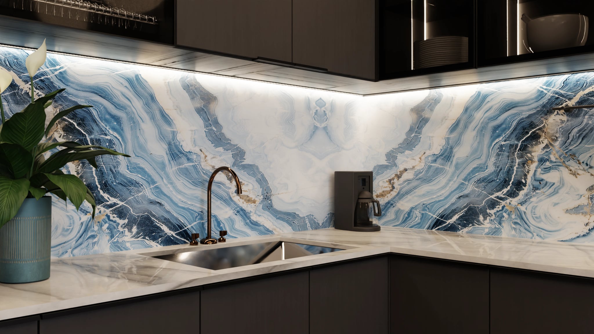 Küchenrückwand - Marmor Blau-Weiß Gold – Bild 5
