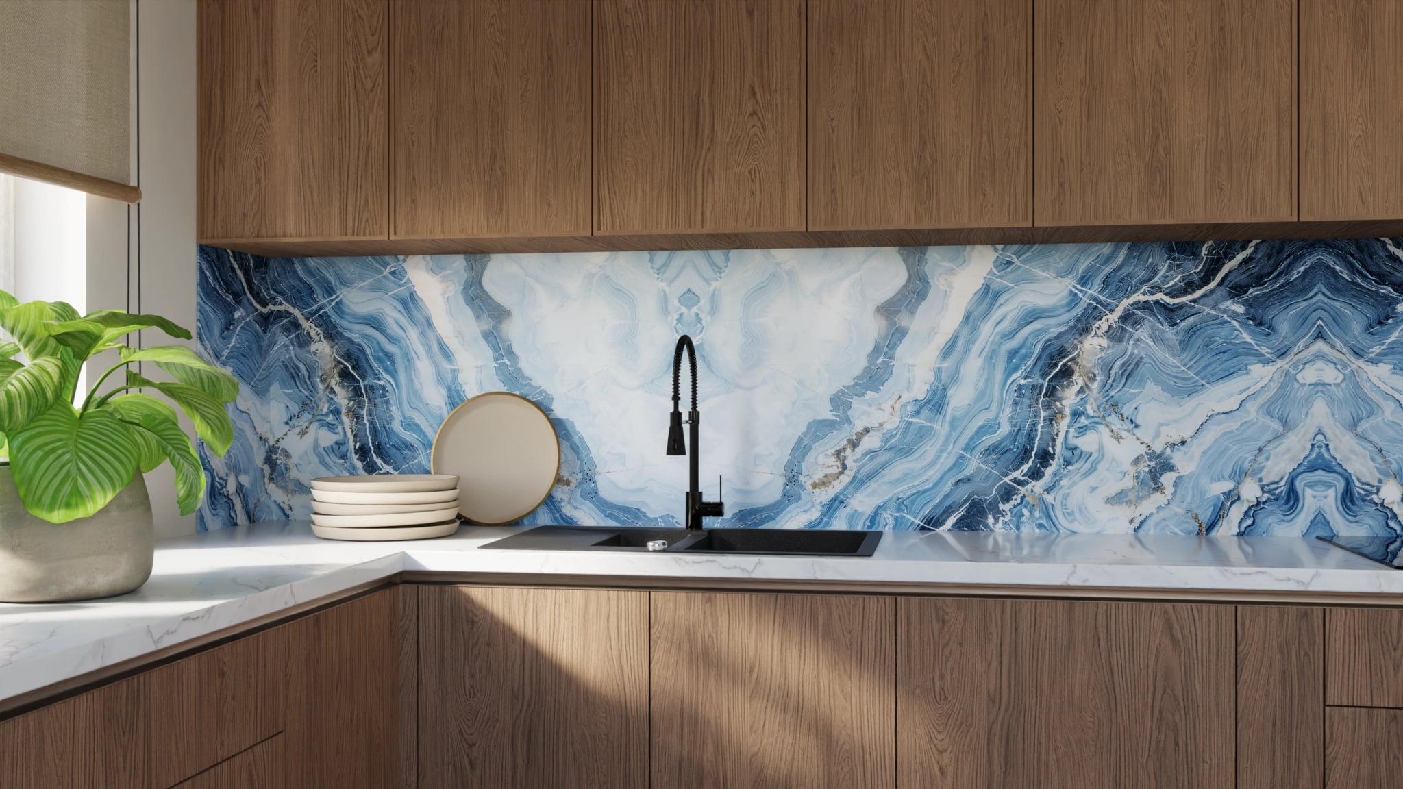 Küchenrückwand - Marmor Blau-Weiß Gold – Bild 9