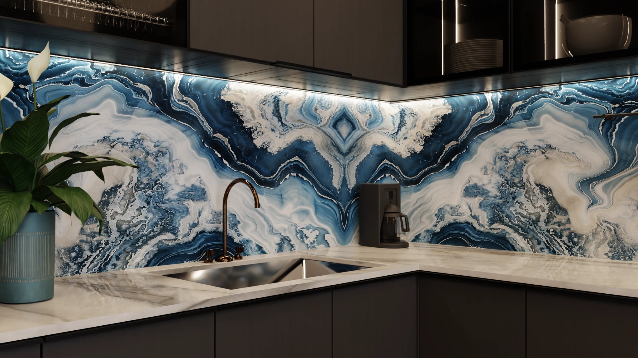 Küchenrückwand - Onyx-Marmor Blau-Sand – Bild 5