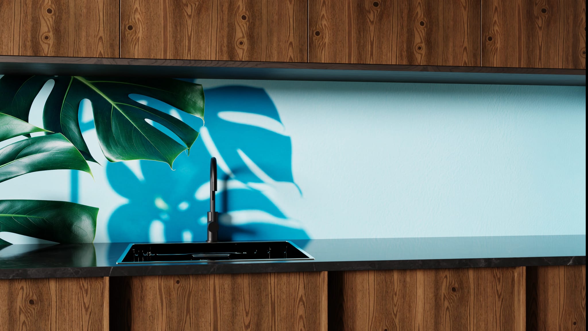 Küchenrückwand - Monstera Hellblau Minimal