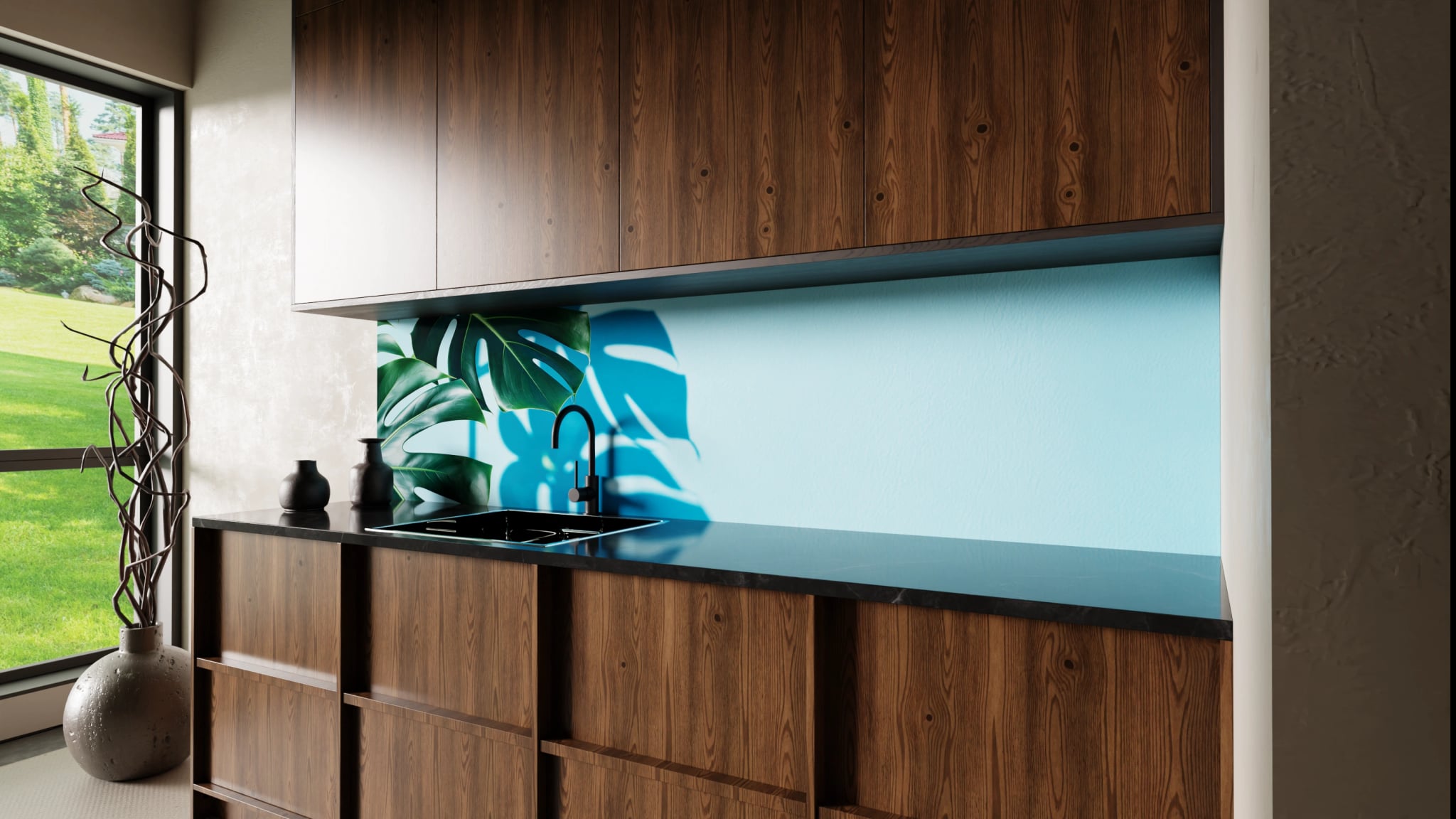 Küchenrückwand - Monstera Hellblau Minimal – Bild 2