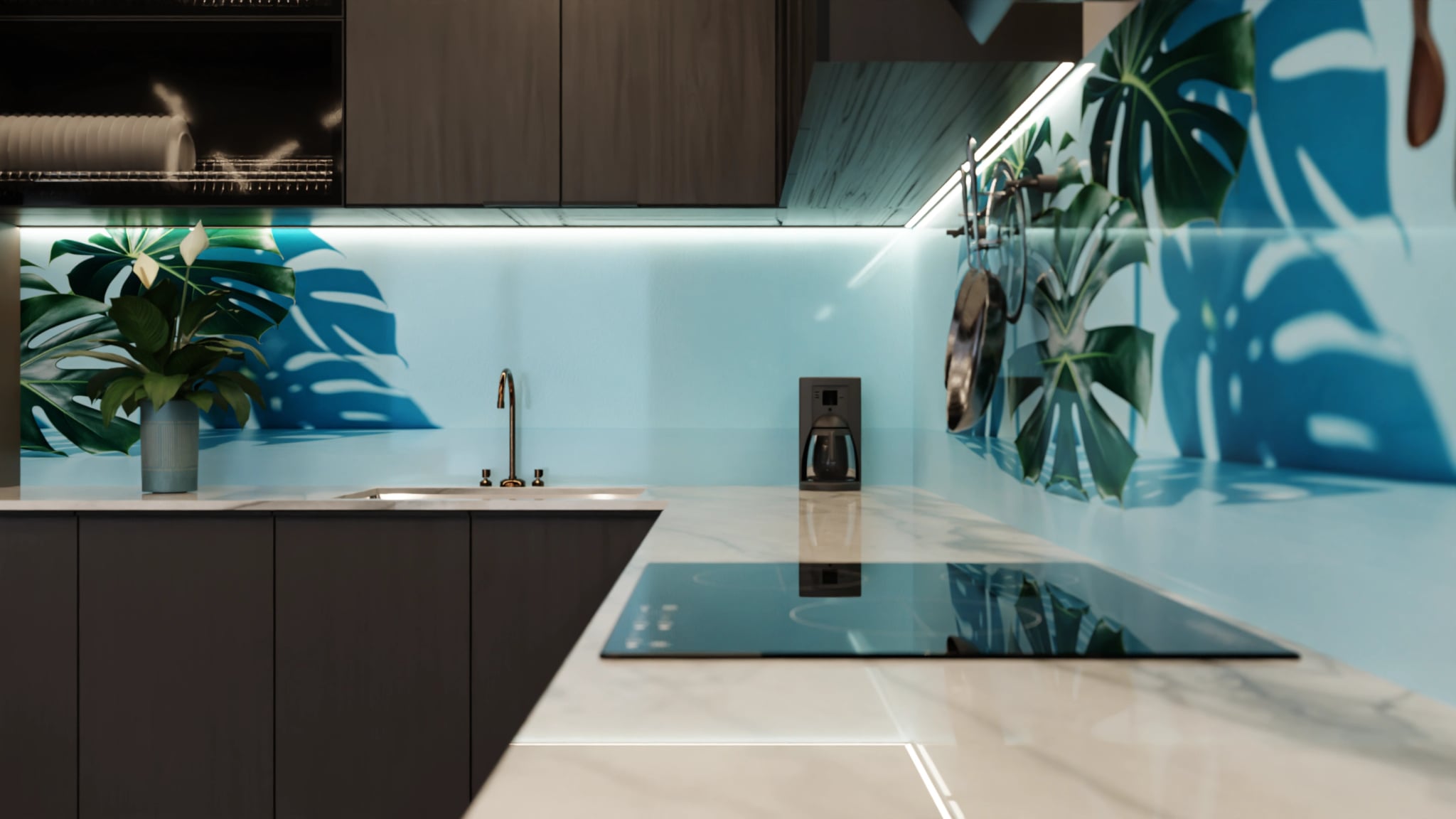 Küchenrückwand - Monstera Hellblau Minimal – Bild 6