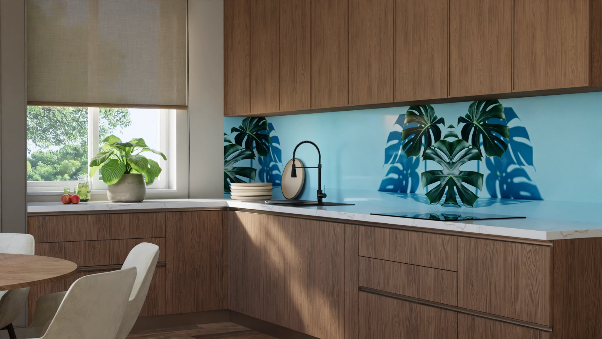 Küchenrückwand - Monstera Hellblau Minimal – Bild 8
