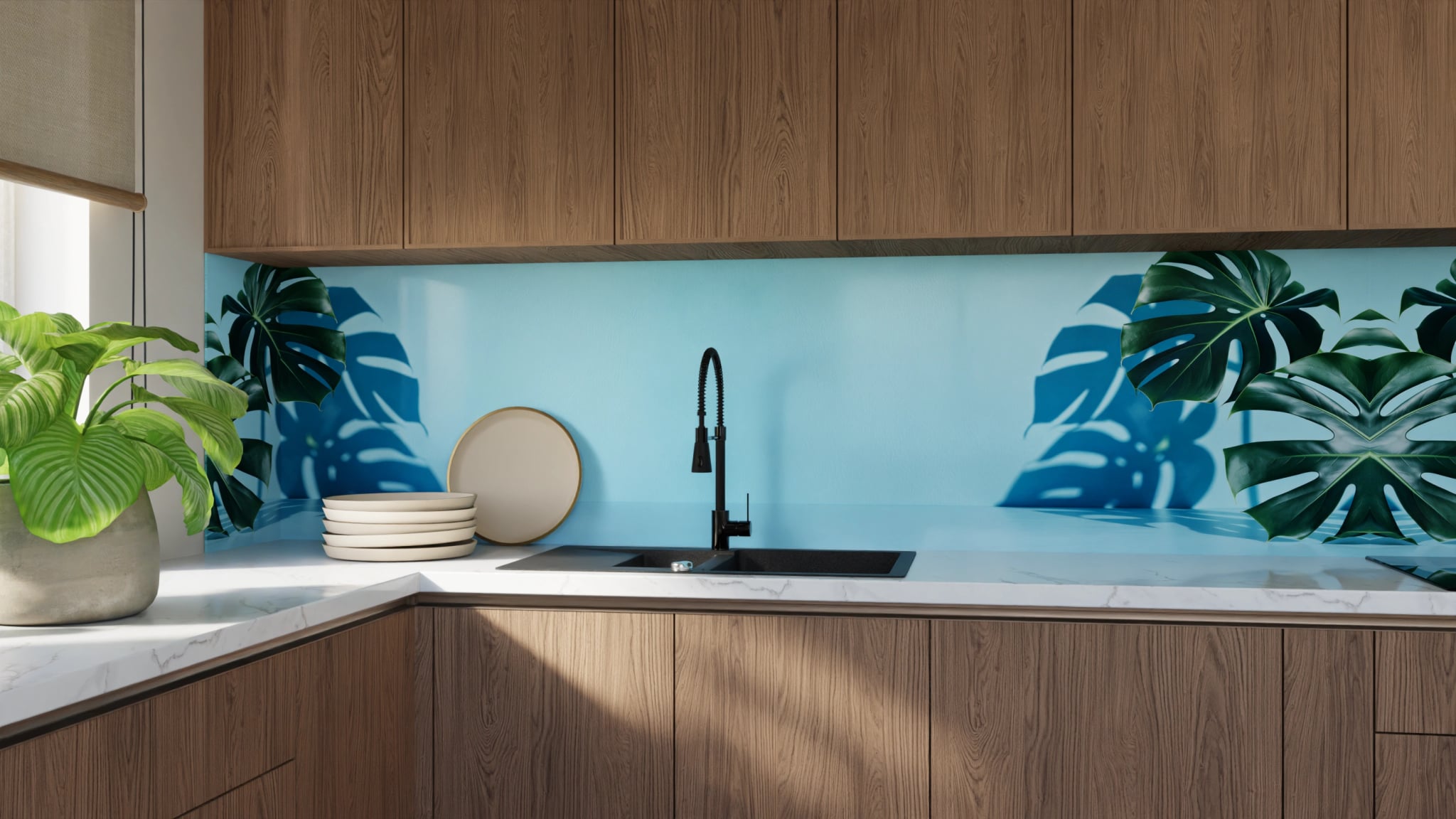 Küchenrückwand - Monstera Hellblau Minimal – Bild 9